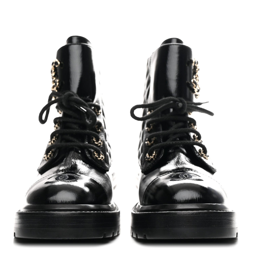 Chanel Shiny Calfskin Quilted Lace Up Combat Boots 36.5 Black