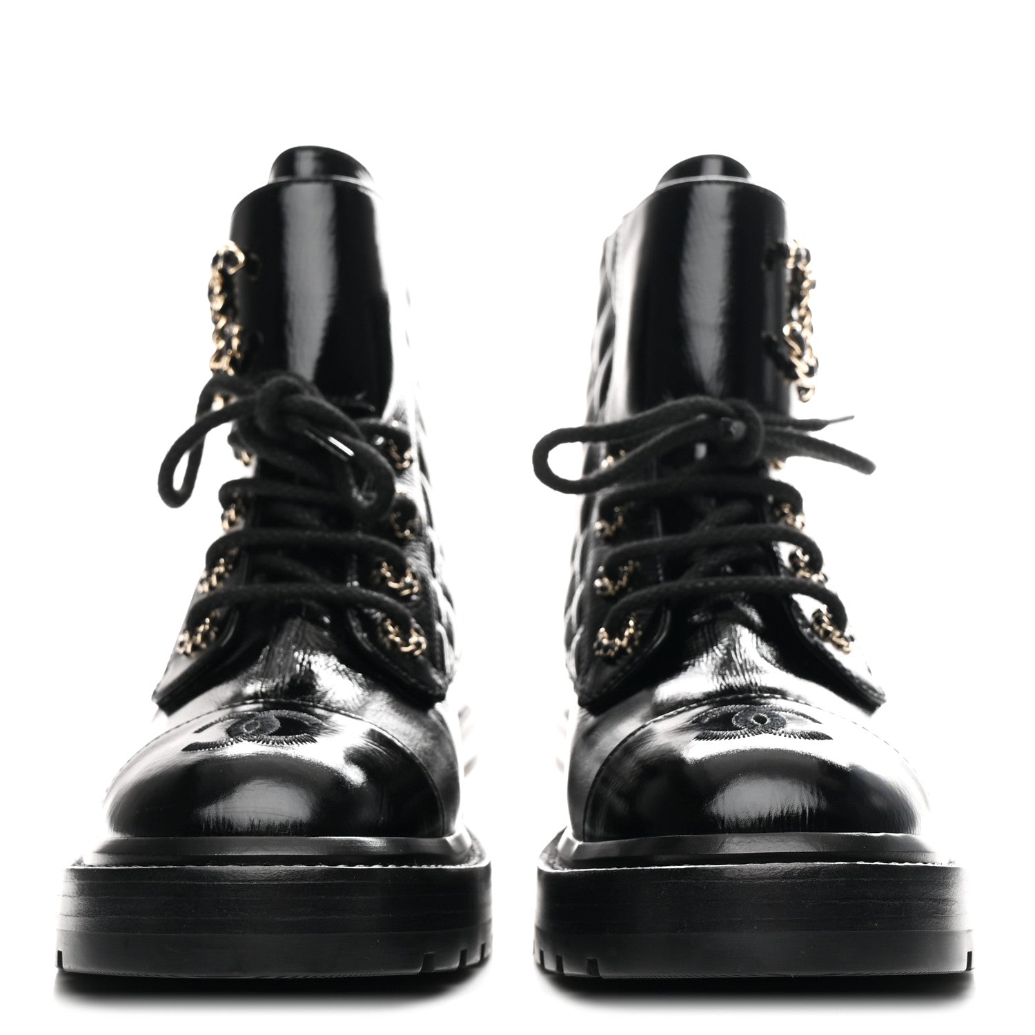 Chanel Shiny Calfskin Quilted Lace Up Combat Boots 36.5 Black