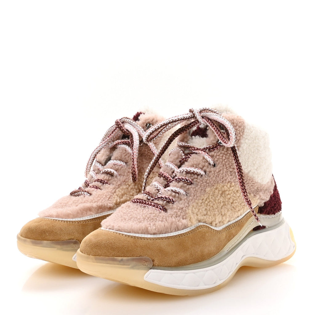 Chanel Shearling Suede CC High Top Sneakers 40 White Pink