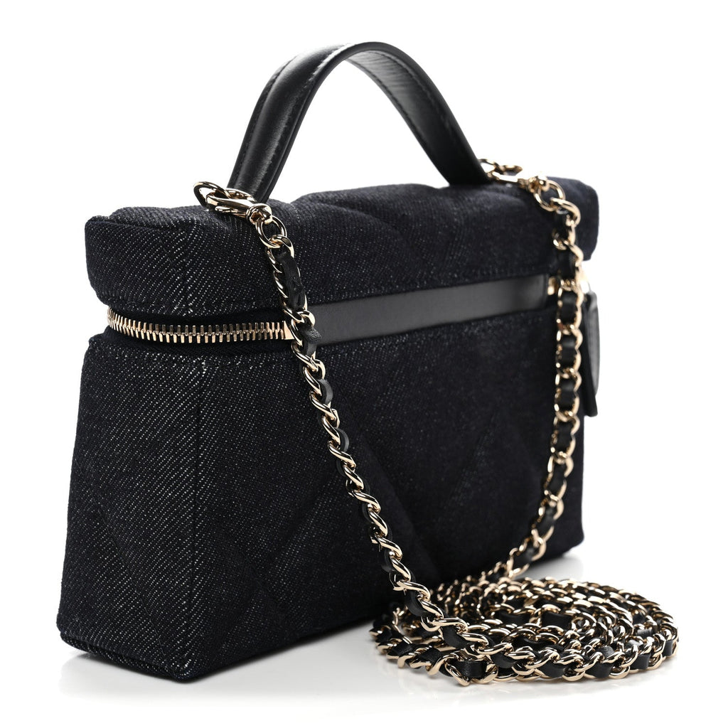 Chanel Denim Quilted Top Handle Slim Vanity Case With Chain Dark Blue