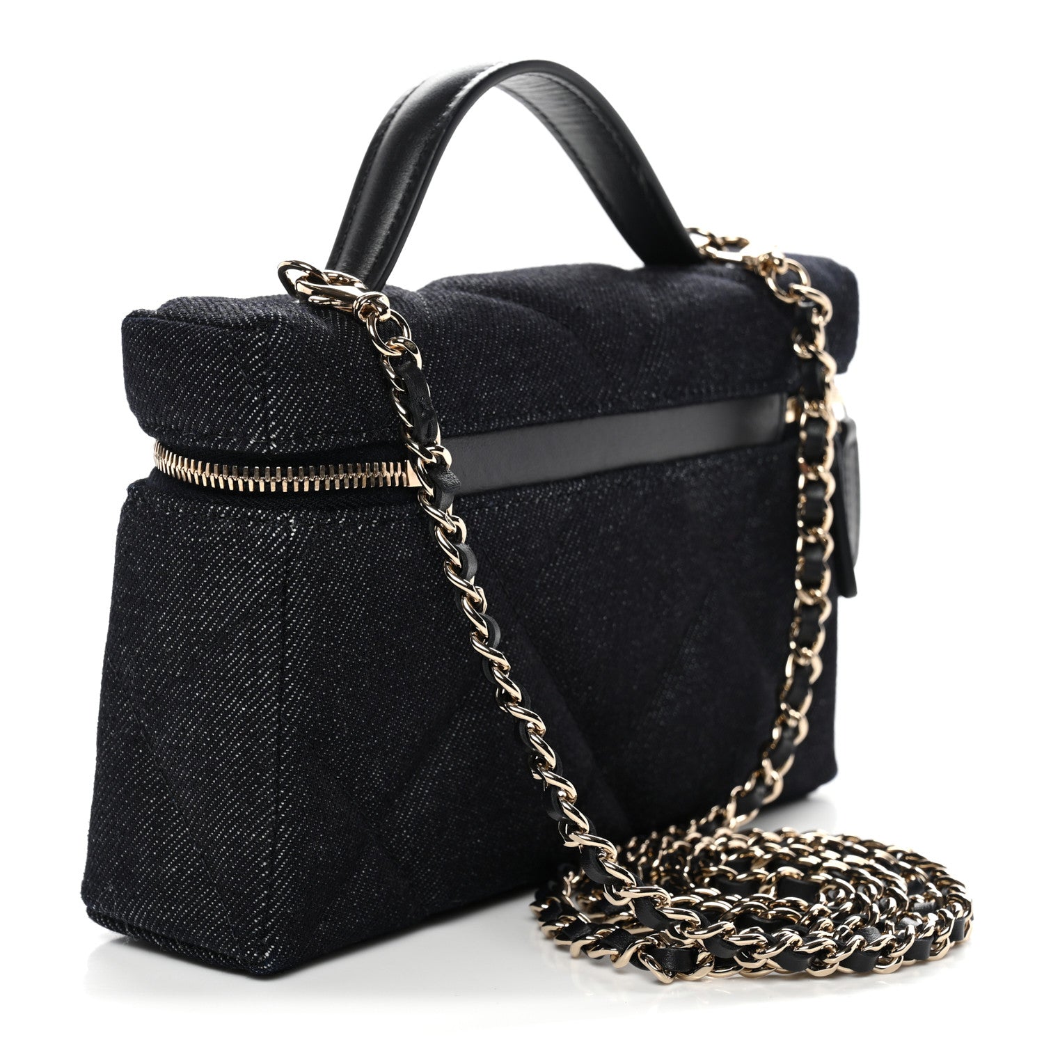 Chanel Denim Quilted Top Handle Slim Vanity Case With Chain Dark Blue