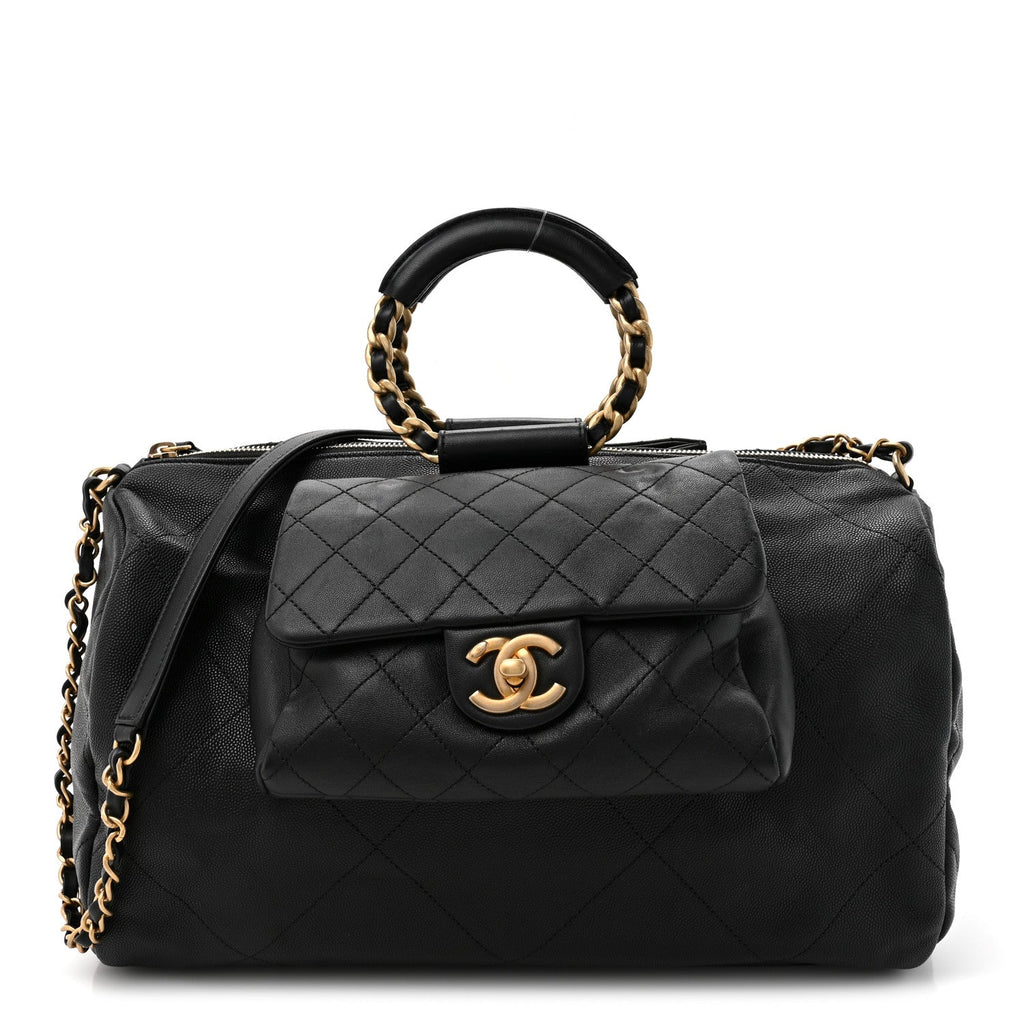 Chanel Grained Calfskin Lambskin Quilted Large Bowling Bag Black