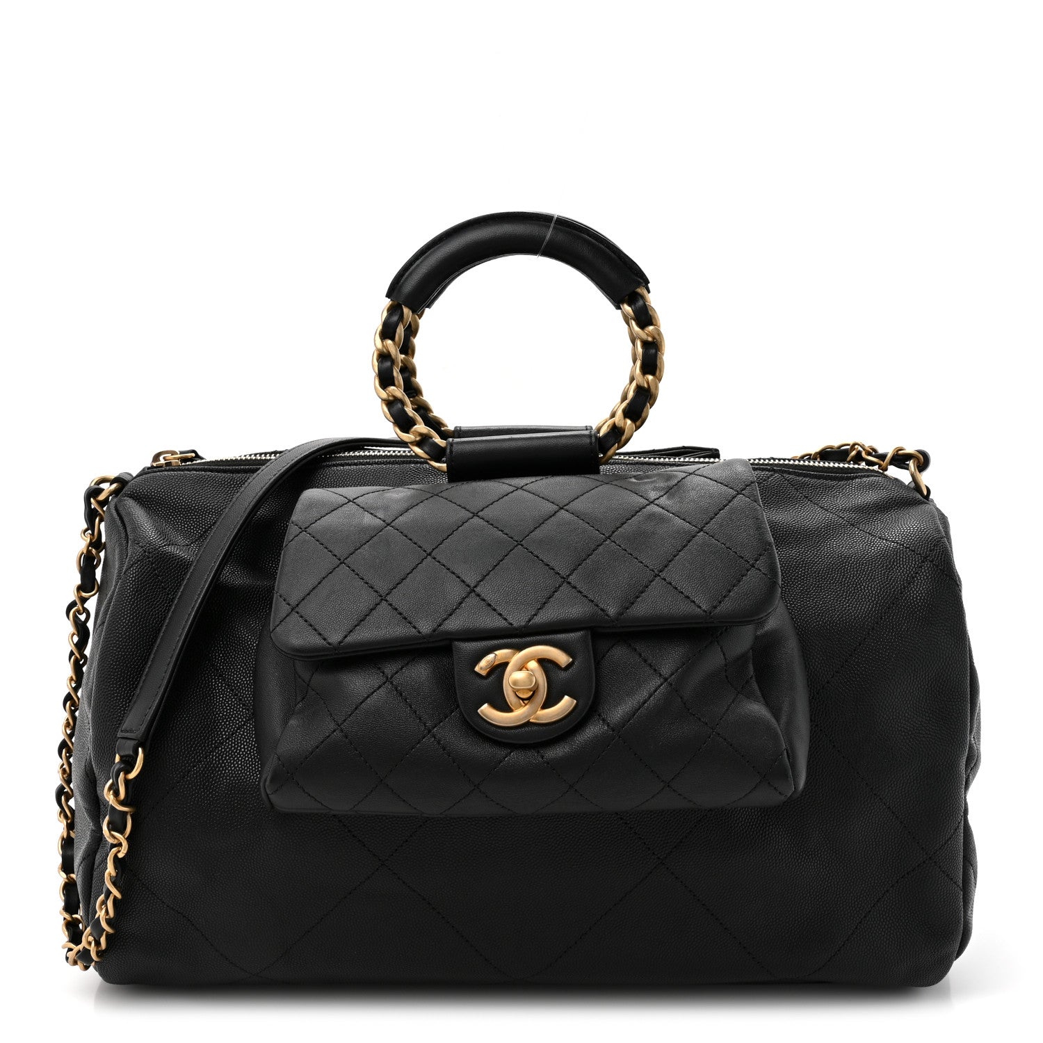 Chanel Grained Calfskin Lambskin Quilted Large Bowling Bag Black