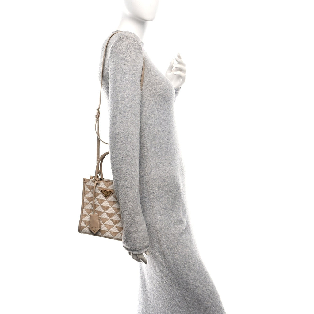 Prada Jacquard Saffiano Triangolo Symbole Embroidered Micro Tote Corda Talco