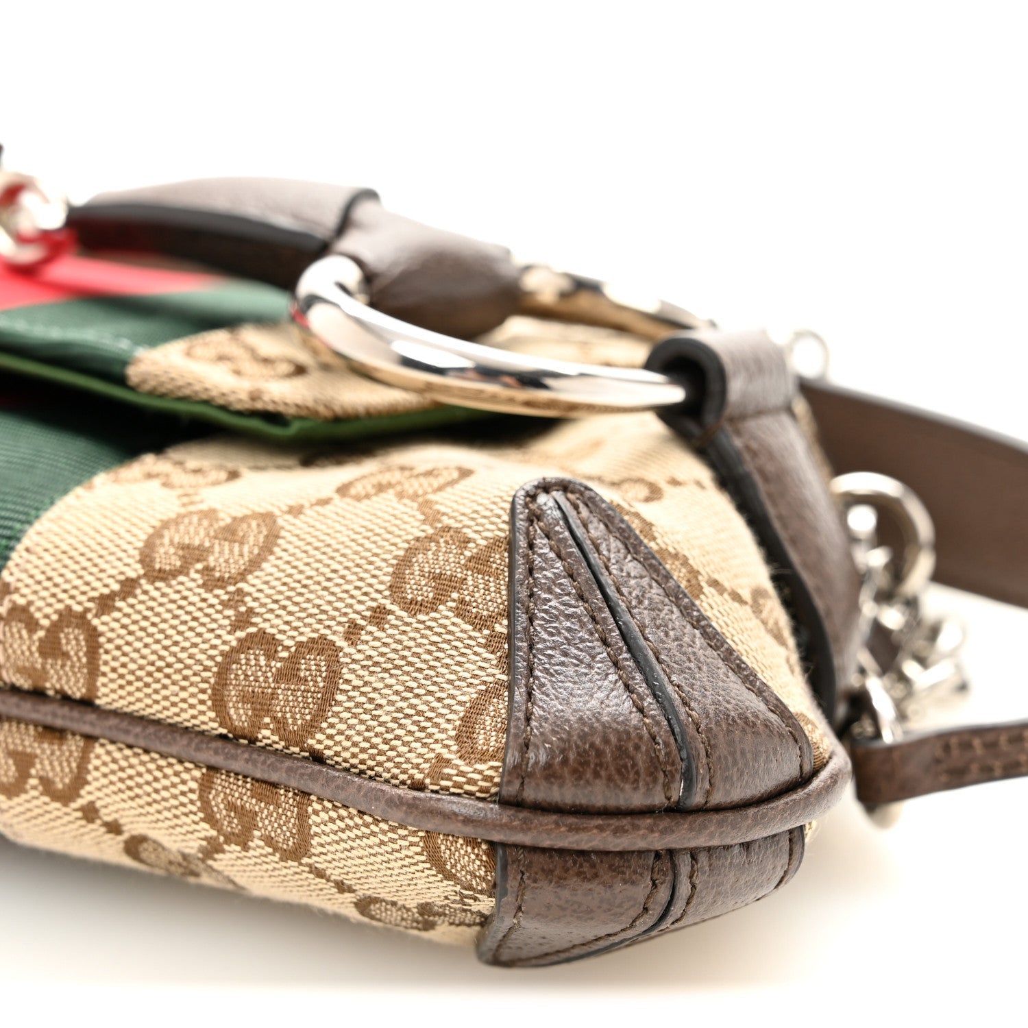 Gucci Monogram Textured Dollar Calfskin Heavy Grosgrain Web Small Maxi Horsebit Chain Shoulder Bag Beige Ebony New Acero