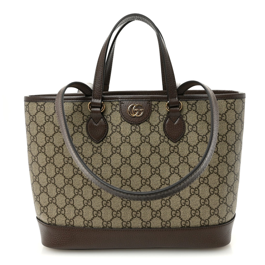 Gucci GG Supreme Monogram Textured Calfskin Small Ophidia Shoulder Tote Bag Beige Ebony New Acero
