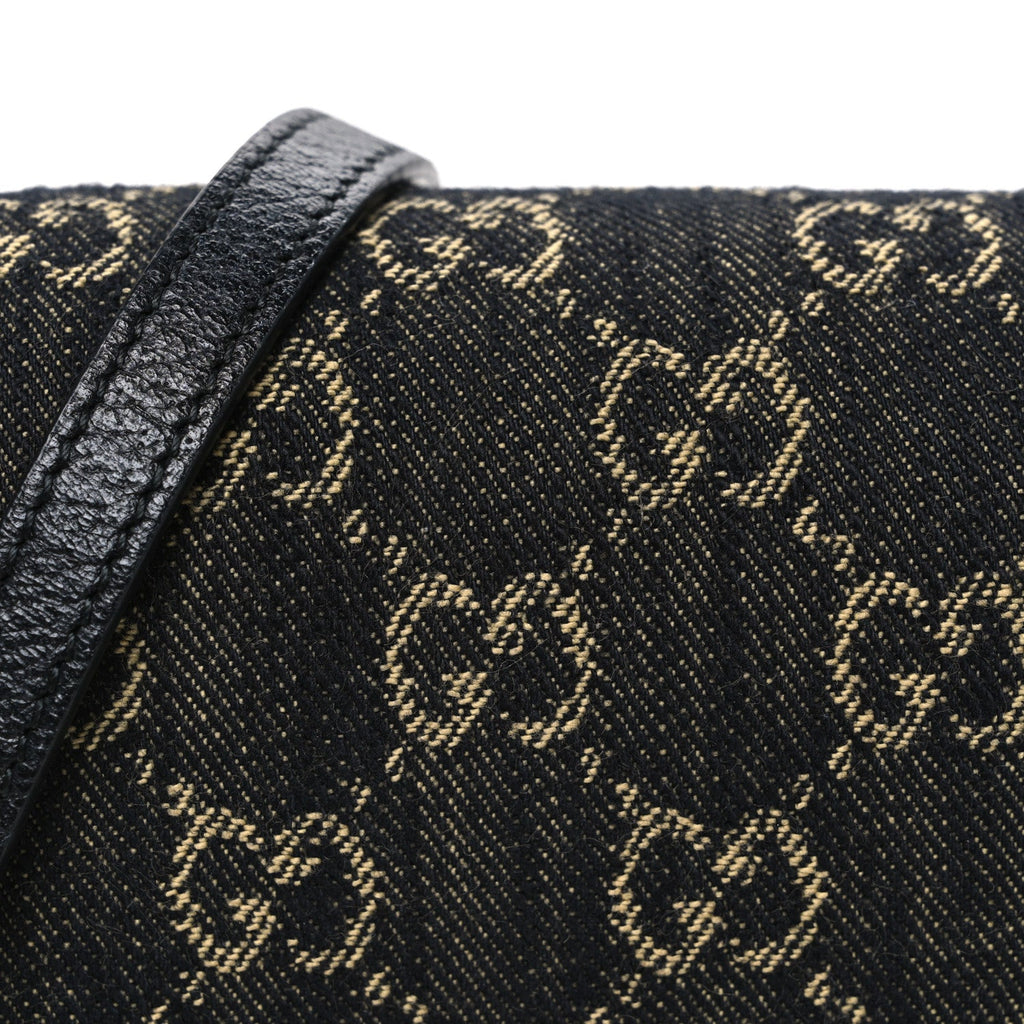 Gucci Jacquard Black Denim GG Monogram Textured Dollar Calfskin Mini Horsebit 1955 Crossbody Bag Black Ivory