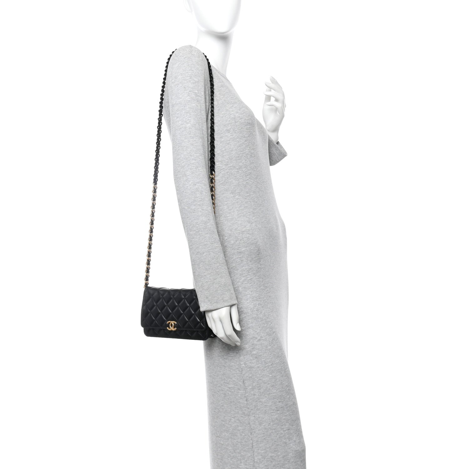 Chanel Lambskin Resin Quilted Wallet On Chain WOC Black