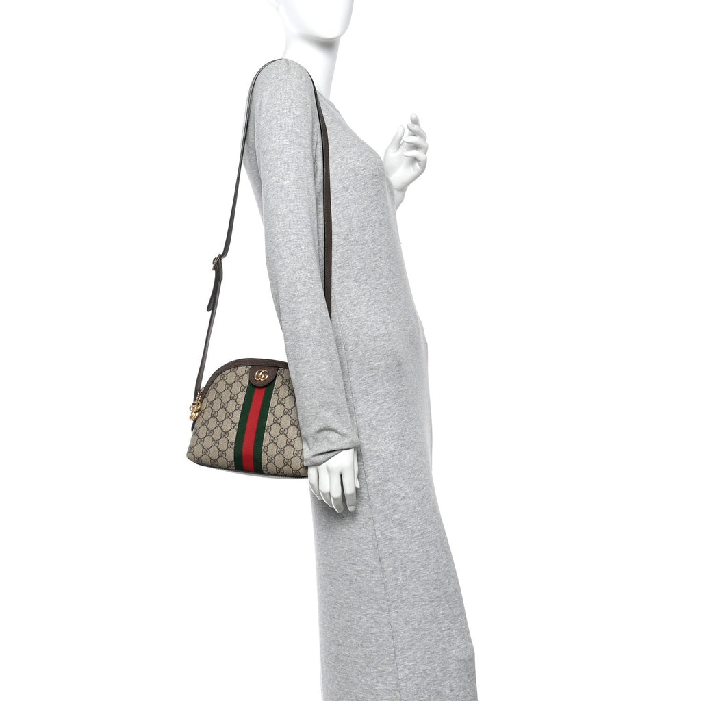 Gucci GG Supreme Monogram Textured Dollar Calfskin Web Small Ophidia Dome Shoulder Bag Beige Ebony New Acero