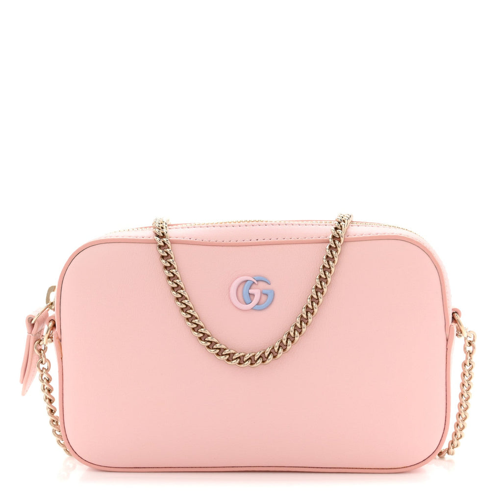 Gucci Dollar Calfskin Enamel Super Mini GG Marmont Chain Shoulder Bag Light Pink Blue
