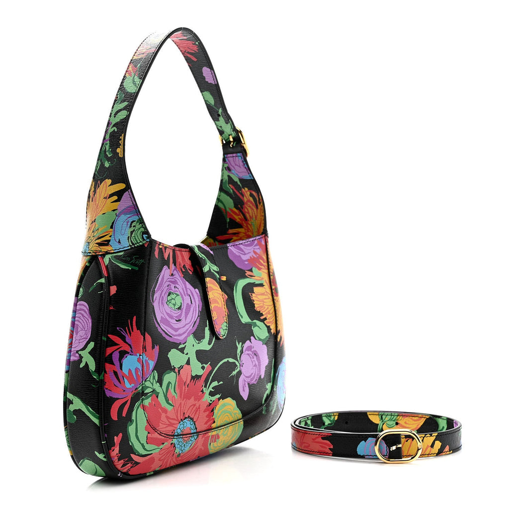 Gucci X KEN SCOTT New Shangai Calfskin Jenny Floral Print Small Jackie 1961 Hobo Black Pink