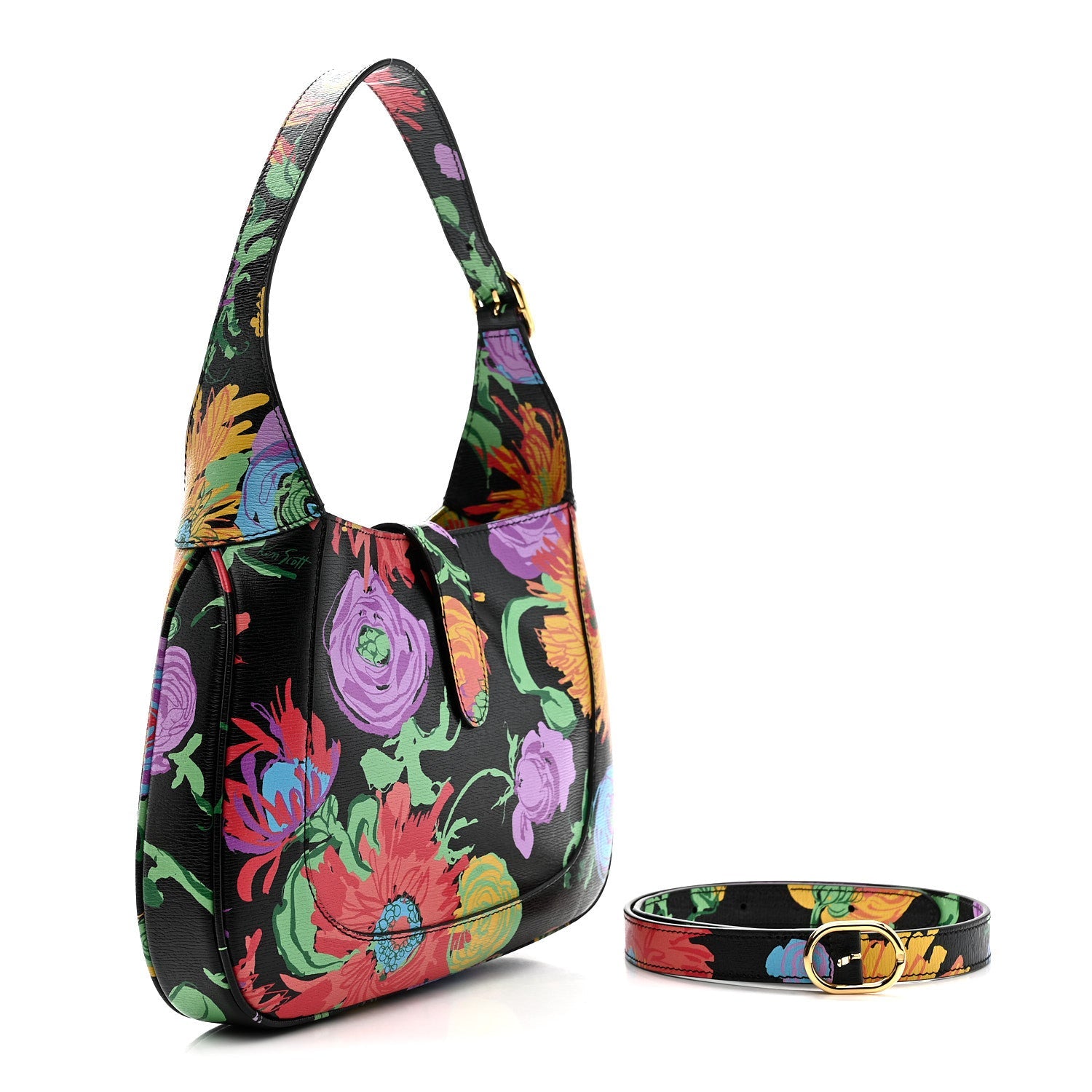 Gucci X KEN SCOTT New Shangai Calfskin Jenny Floral Print Small Jackie 1961 Hobo Black Pink