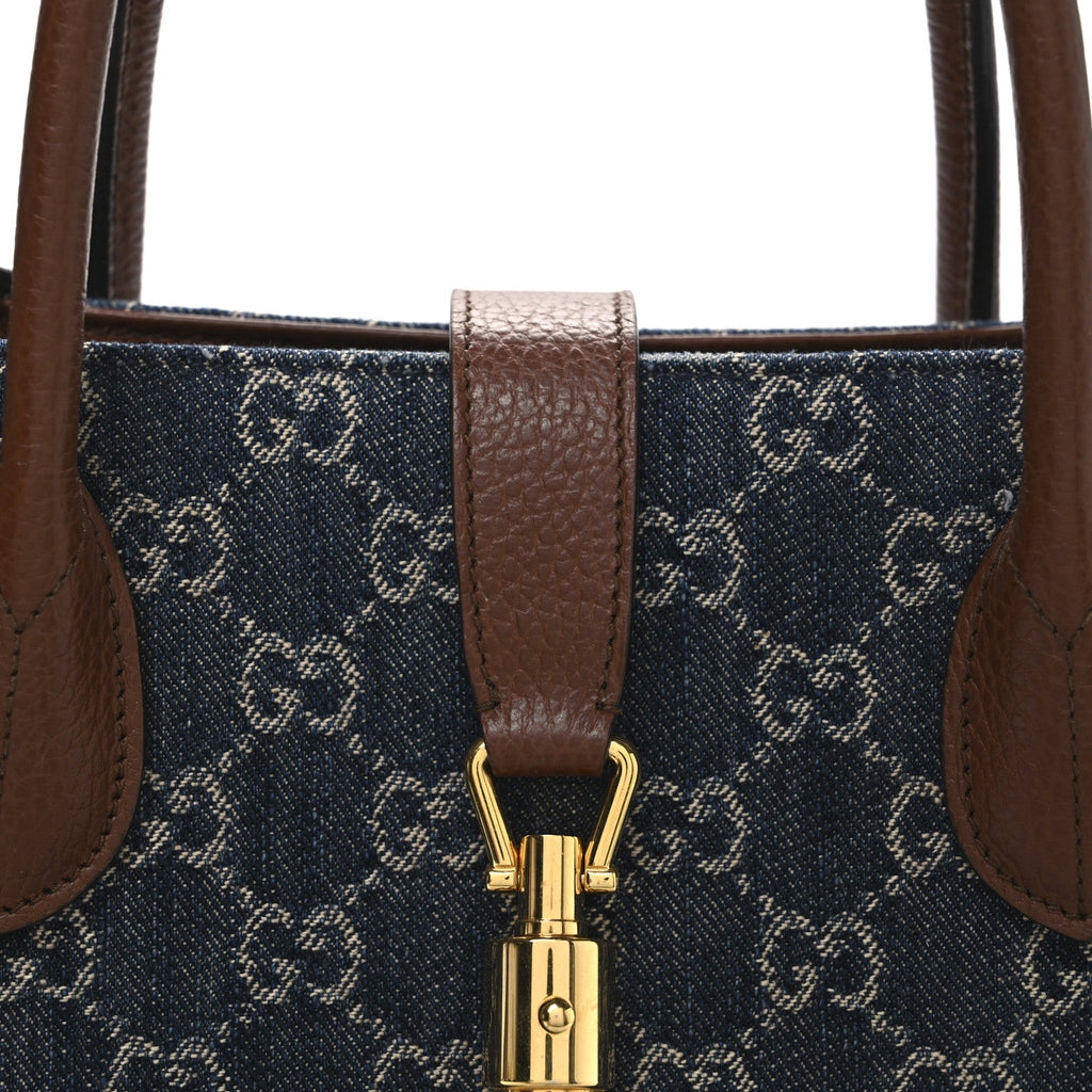 Gucci New Denim GG Monogram Dollar Calfskin Medium Jackie 1961 Tote Blue Tea Cuir Epilog