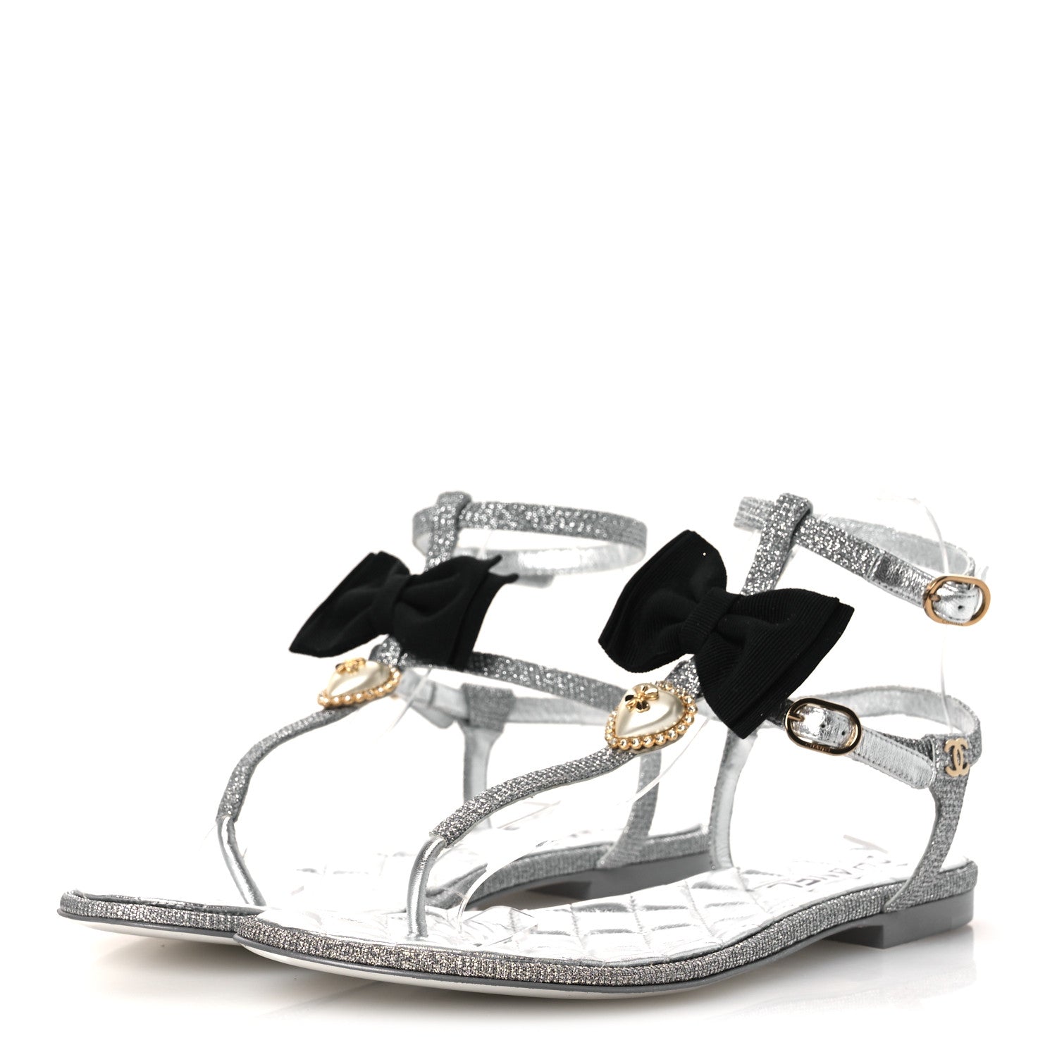 Fabric Grosgrain Pearl Crystal Thong Sandals 40 Silver Black
