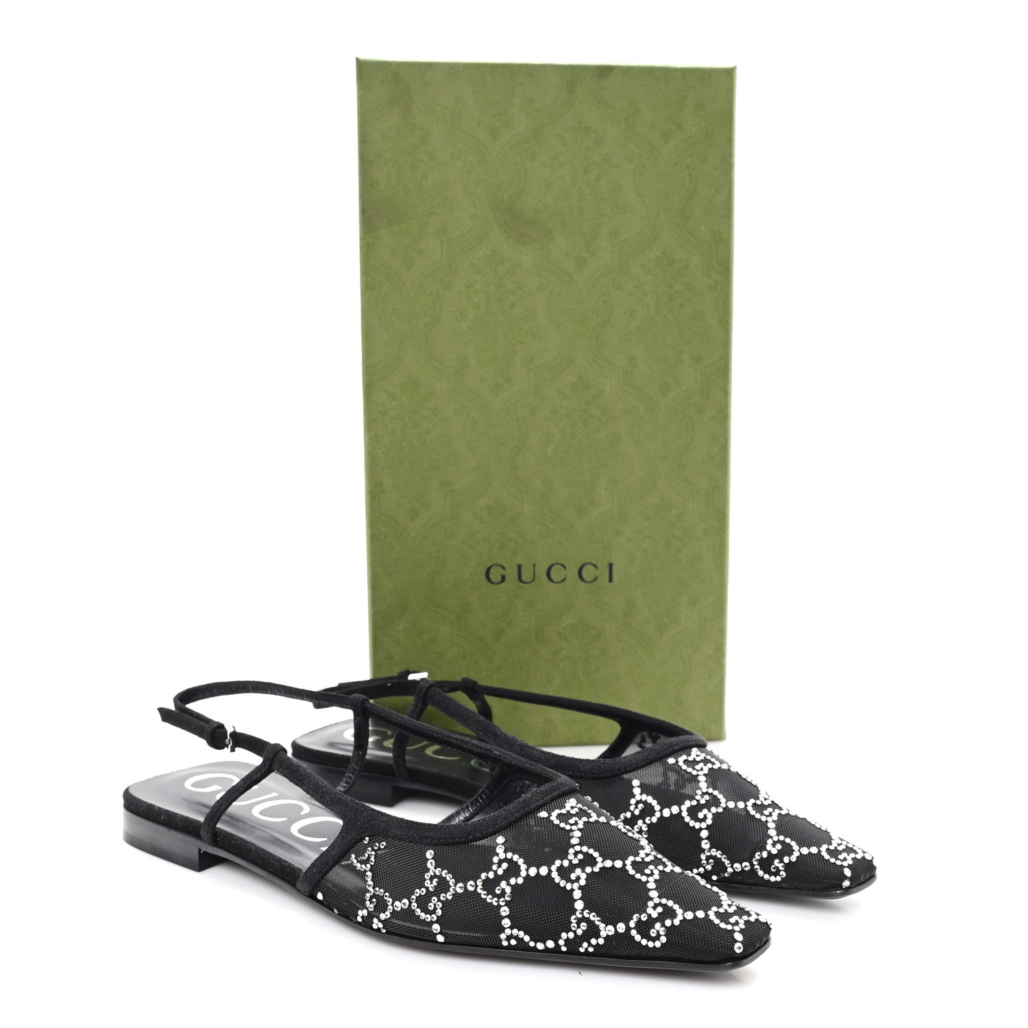 Gucci Suede Mesh Crystal GG Monogram Slingback Ballet Flats 39 Black