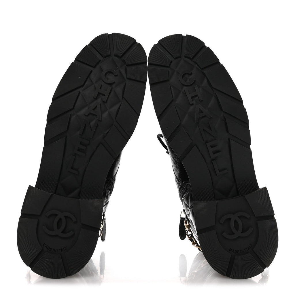 Chanel Shiny Calfskin Patent Quilted Chain Lace Up Combat Boots 40 Black