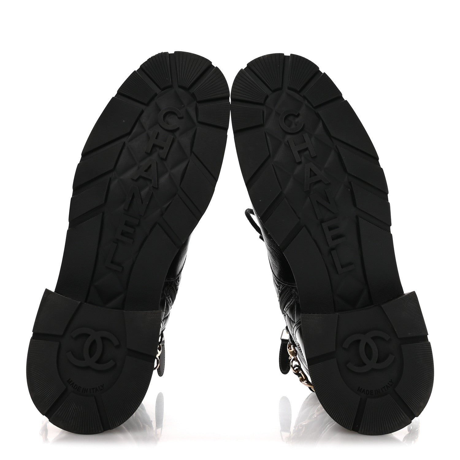 Chanel Shiny Calfskin Patent Quilted Chain Lace Up Combat Boots 40 Black