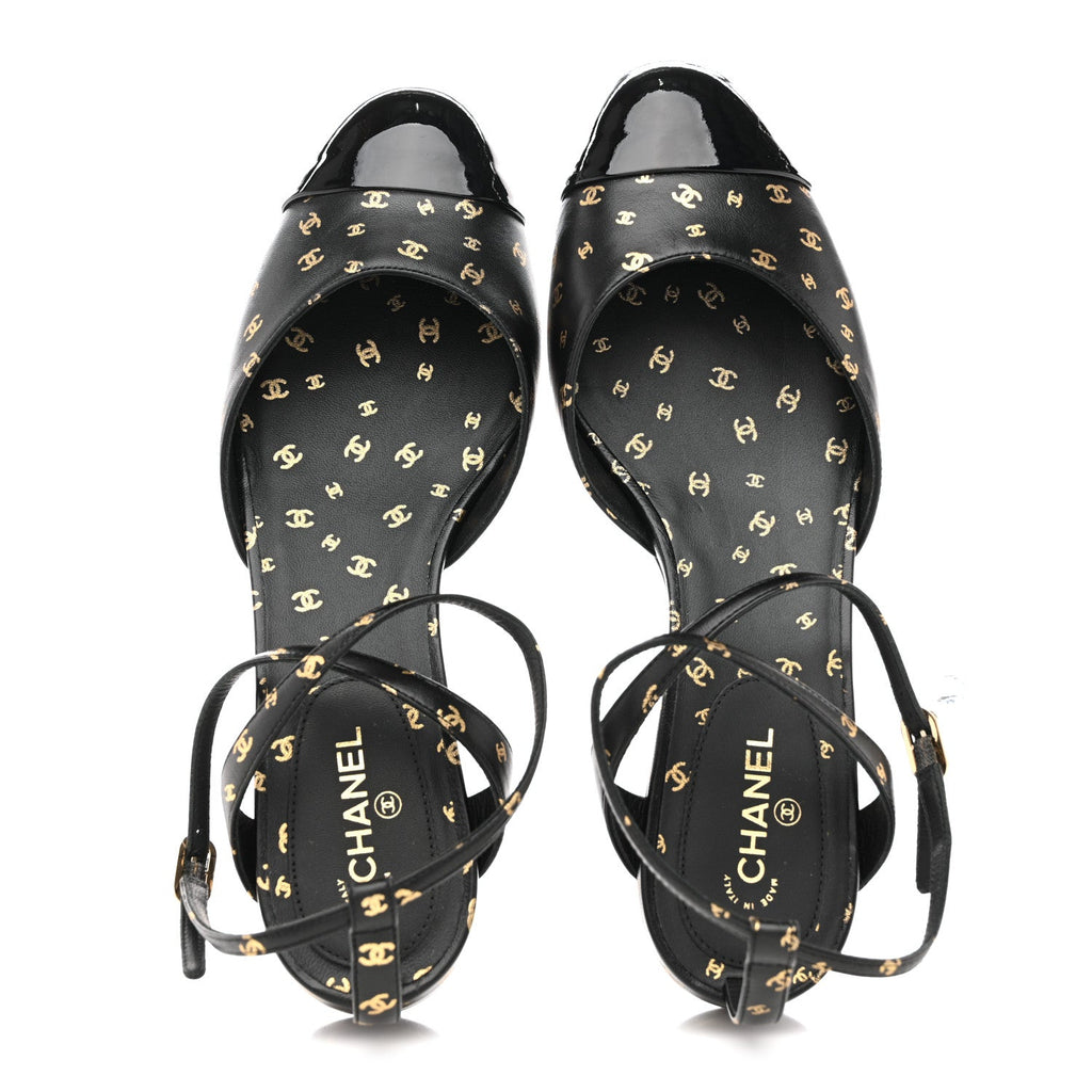 Printed Lambskin Patent Calfskin CC Slingback Flats 38.5 Black Gold