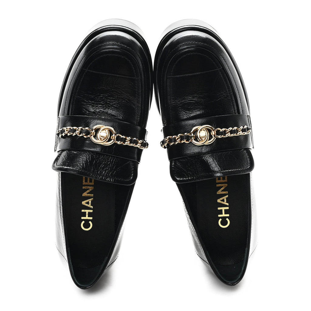 Chanel Shiny Calfskin Logo Loafers 36.5 Black