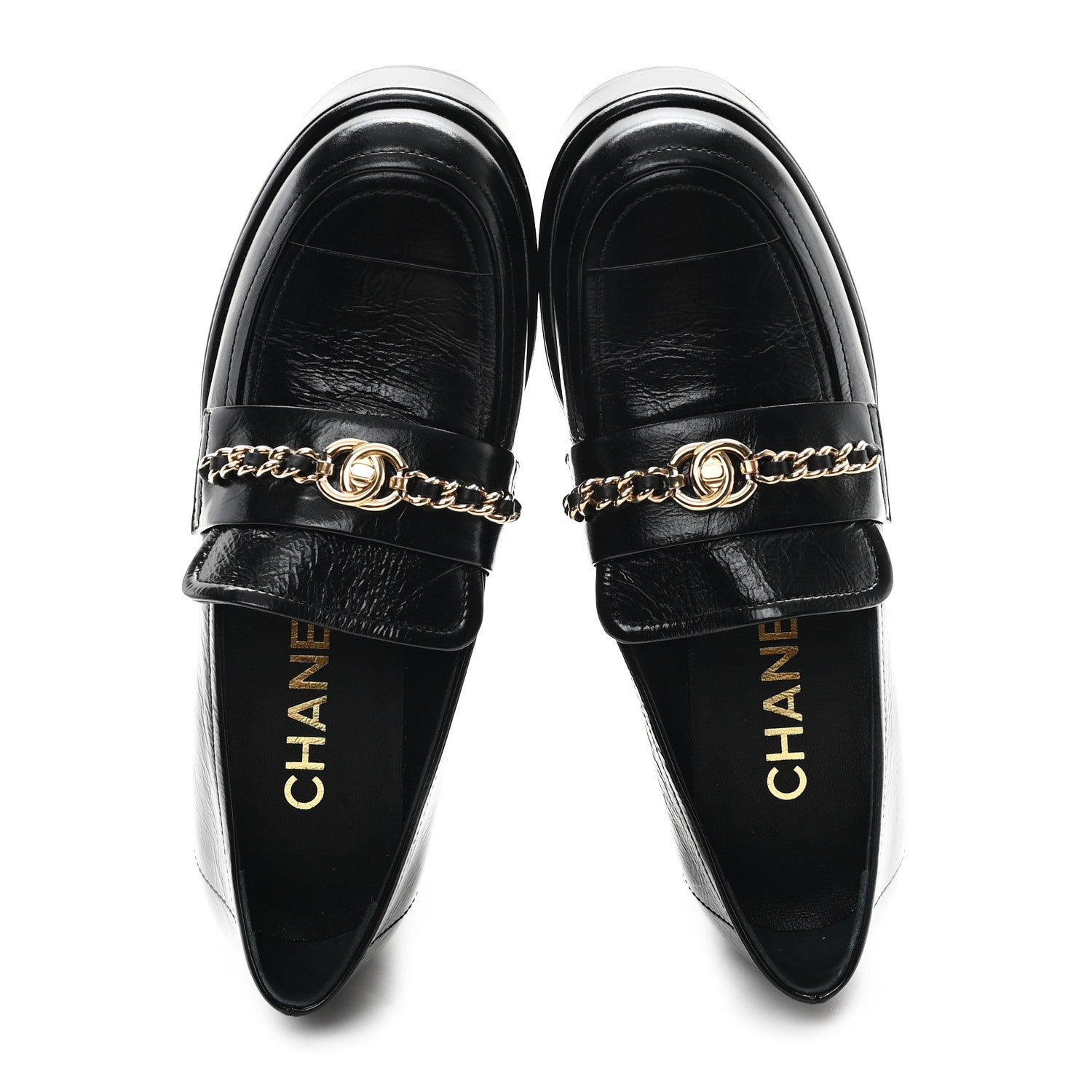 Chanel Shiny Calfskin Logo Loafers 36.5 Black