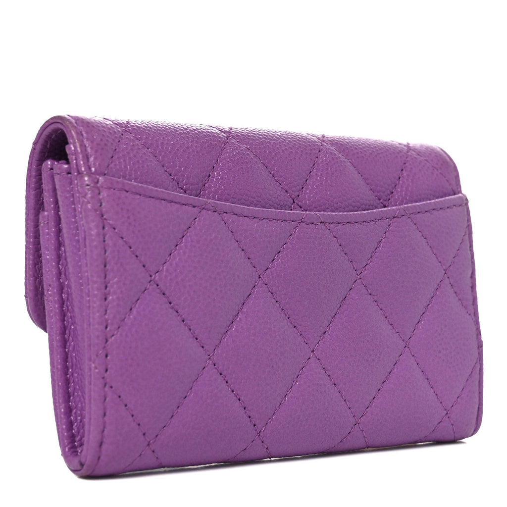 Caviar Quilted Flap Card Holder Wallet Purple