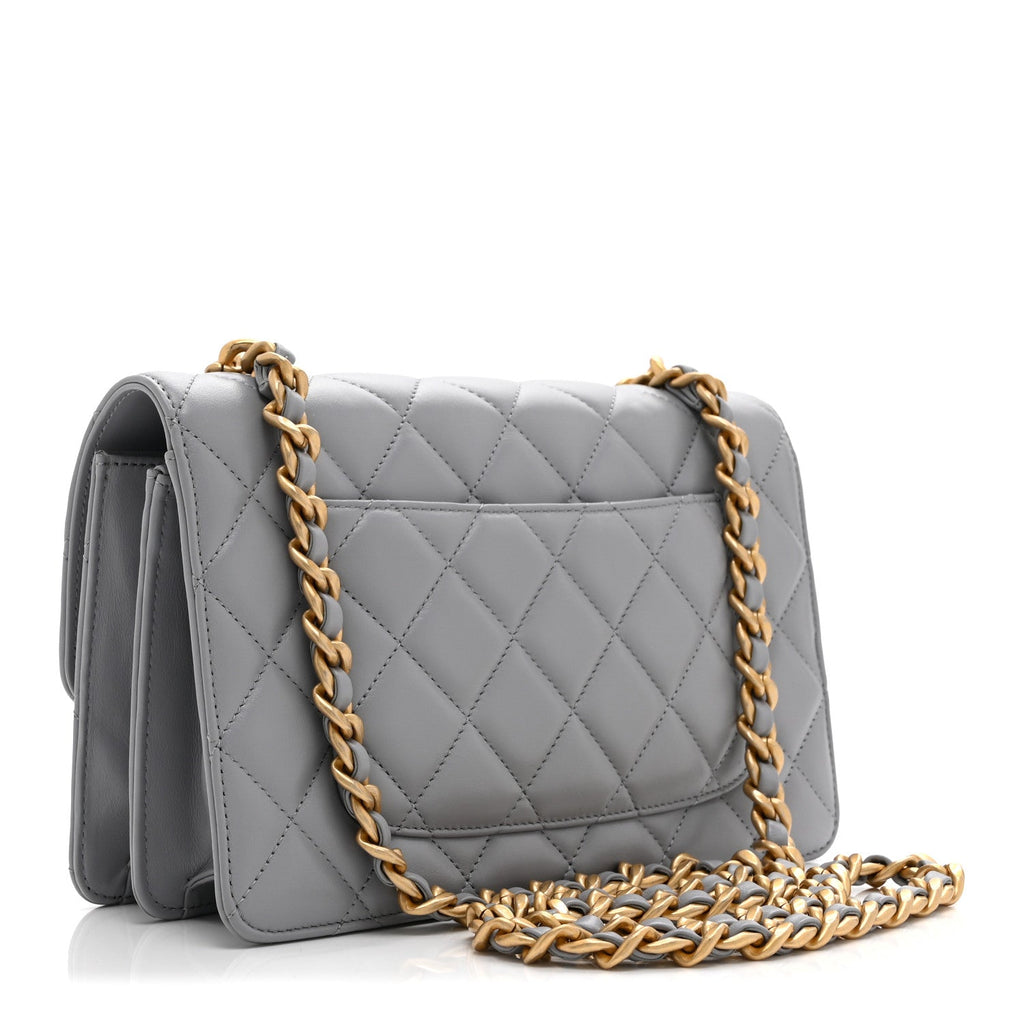 Chanel Caflskin Quilted Dual Handle Chain Flap Bag Grey
