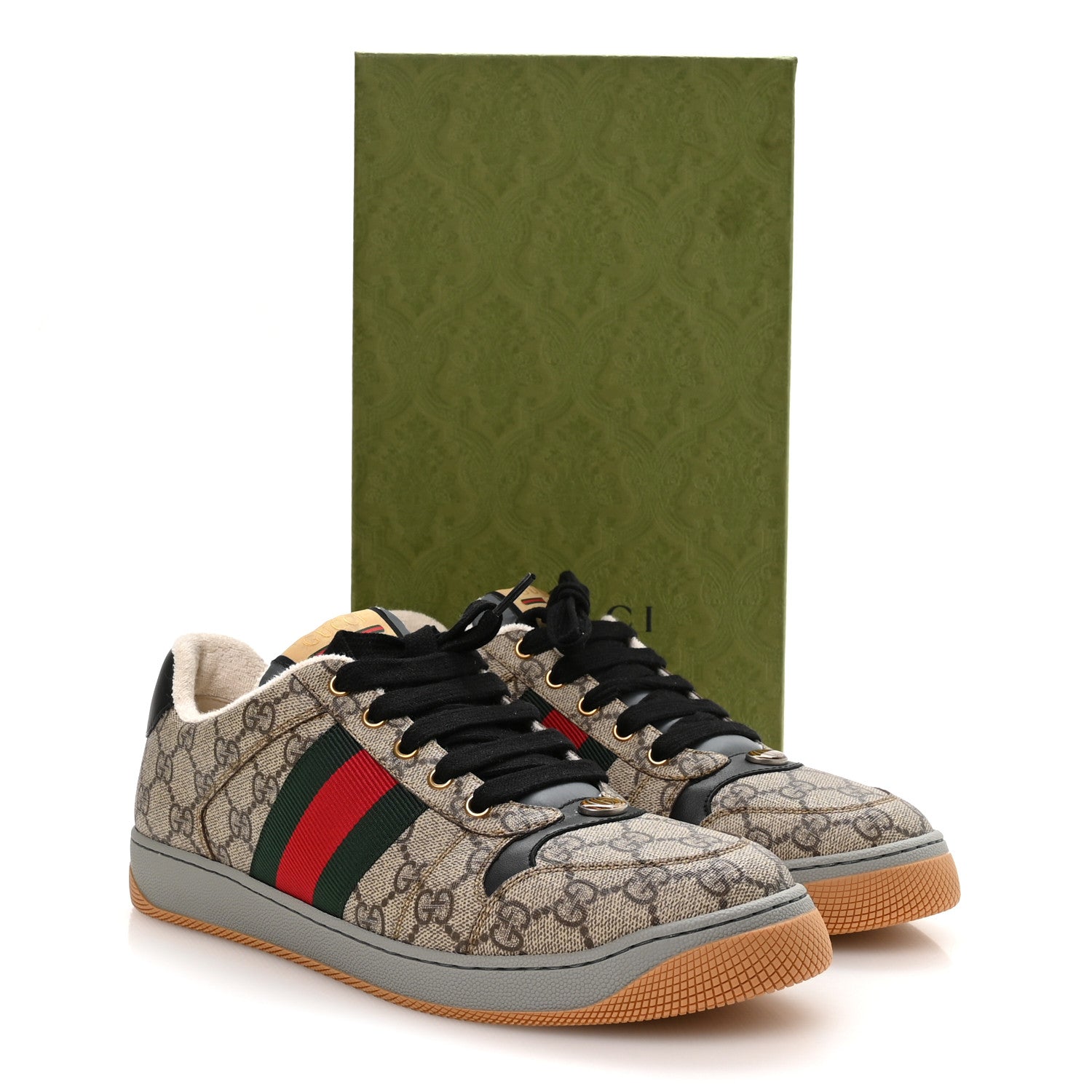 Gucci GG Supereme Monogram Miro Soft Calfskin Web Mens Screener Sneakers 9 Beige Ebony Black New Platinum