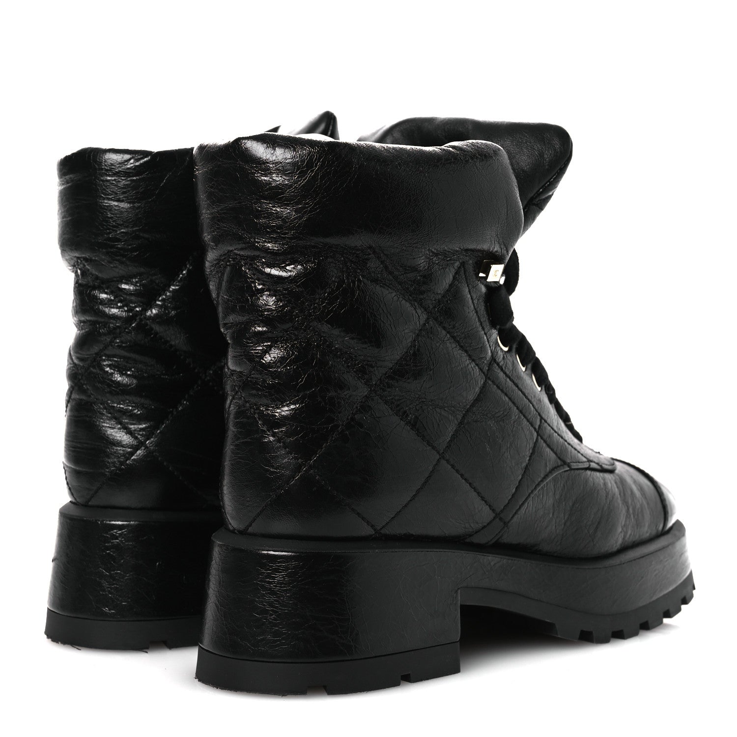 Crumpled Patent Lambskin Calfskin Quilted Lace Up Combat Boots 39 Black