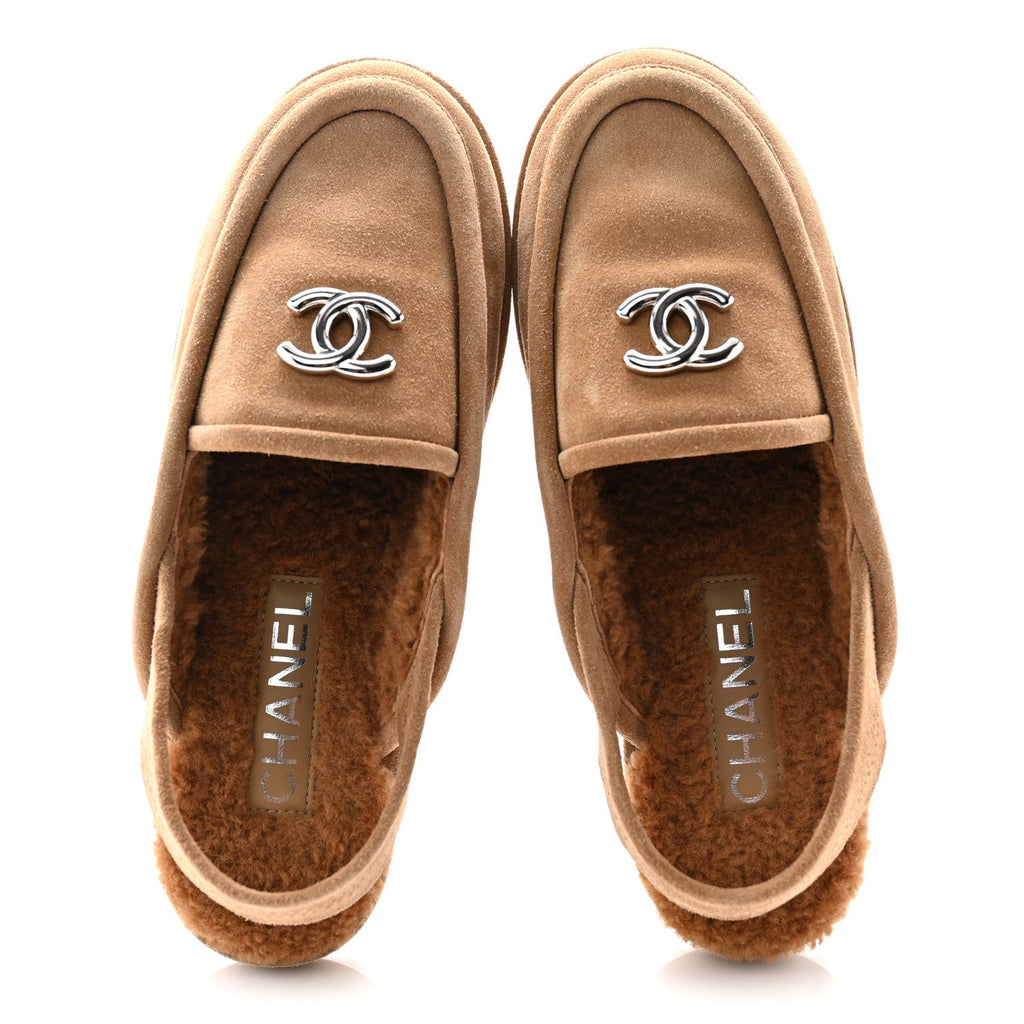 Chanel Suede Calfskin CC Slingback Loafers 36 Dark Beige