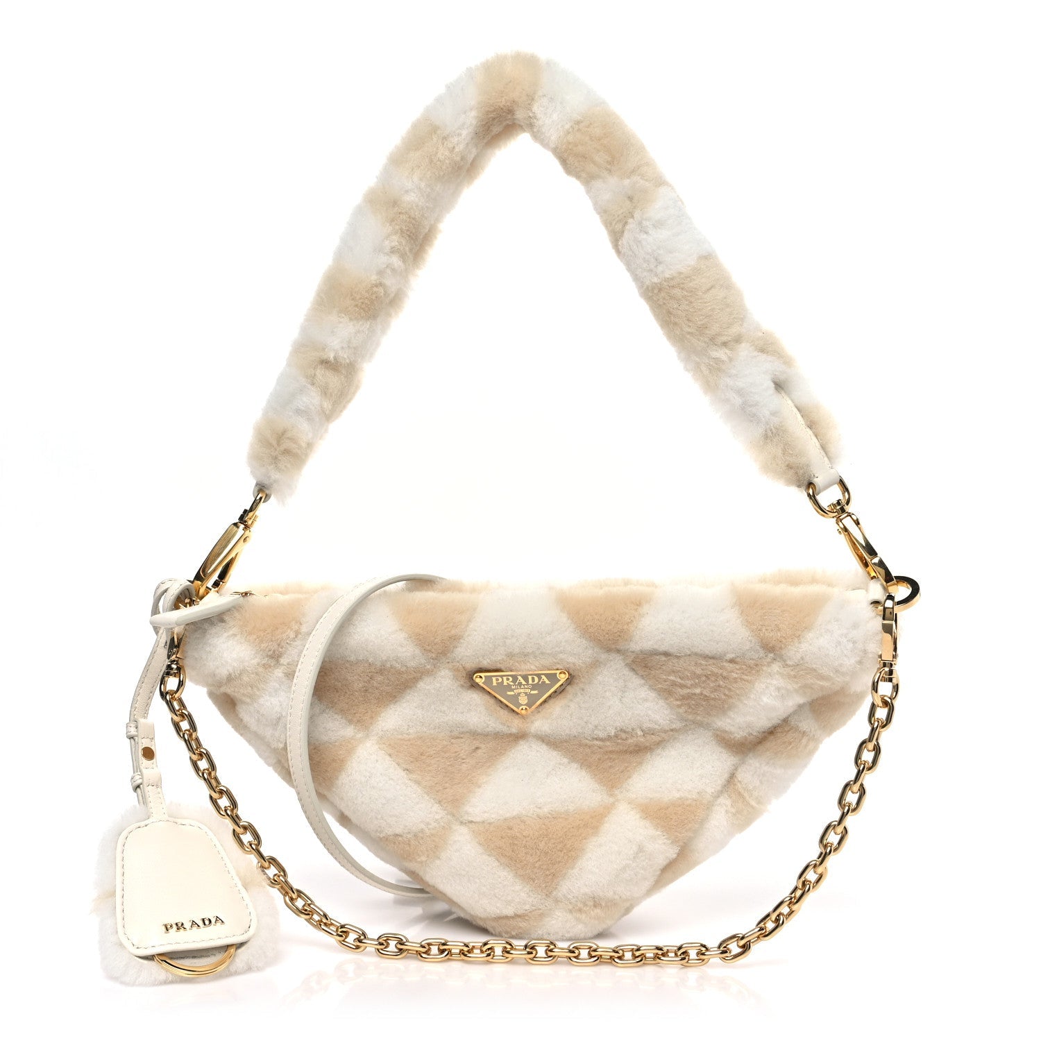 Prada Shearling Symbole Mini Triangle Bag Ecru White