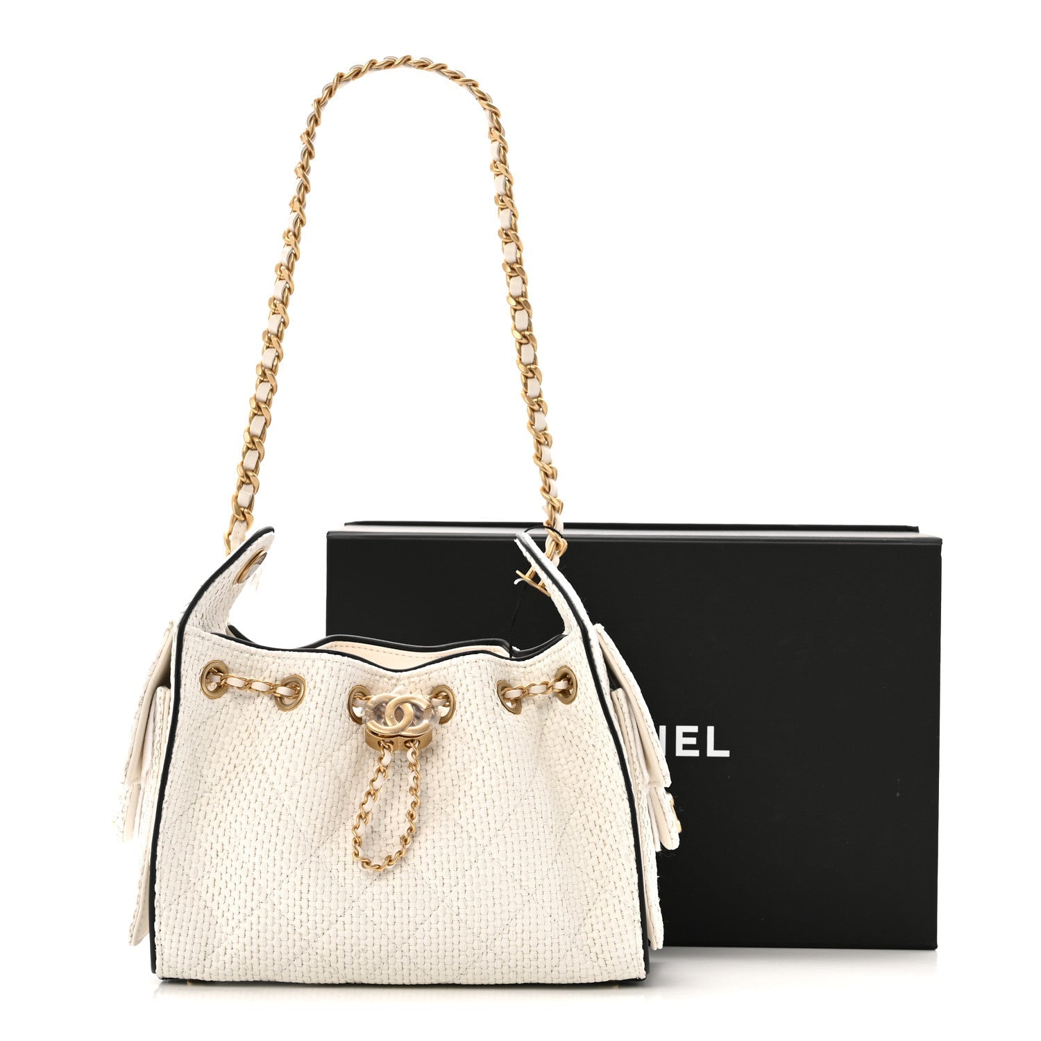 Chanel Braided Raffia Calfskin Mini Chanel 25 Handbag White Black