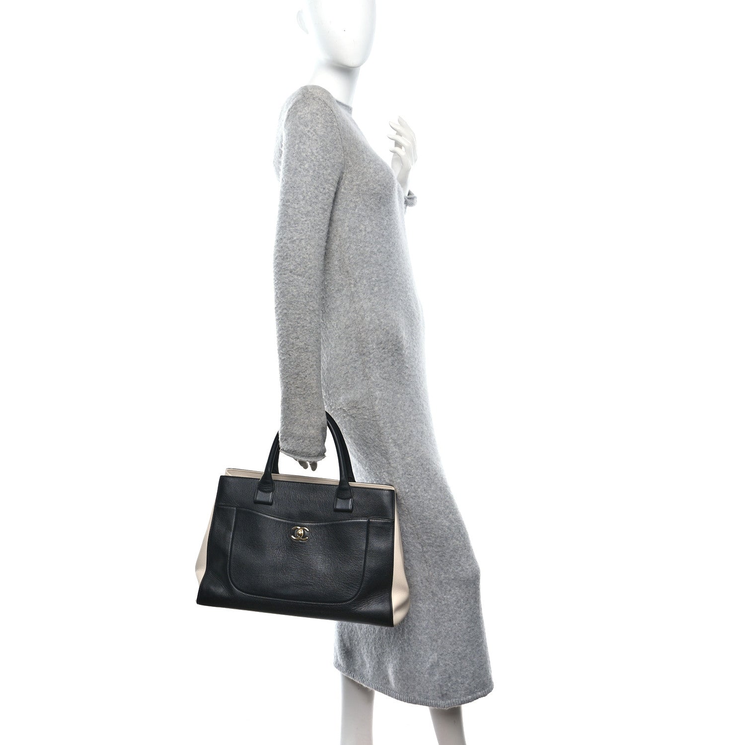 Chanel Grained Calfskin Medium Bi-Color Neo Executive Shopper Tote Black Beige