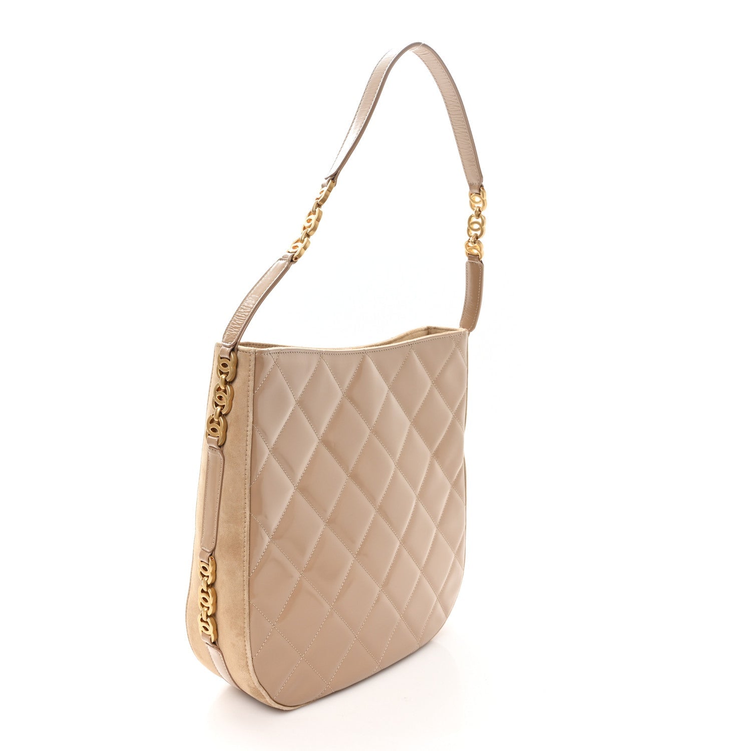 Chanel Shiny Calfskin Suede Goatskin Quilted Hobo Beige