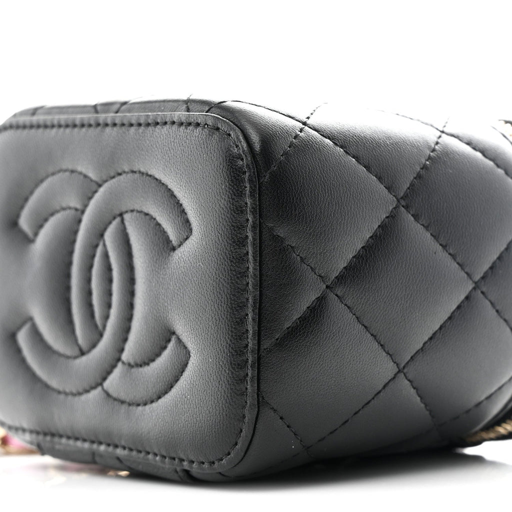 Chanel Lambskin Quilted Top Handle Mini Vanity Case With Chain Black Pink