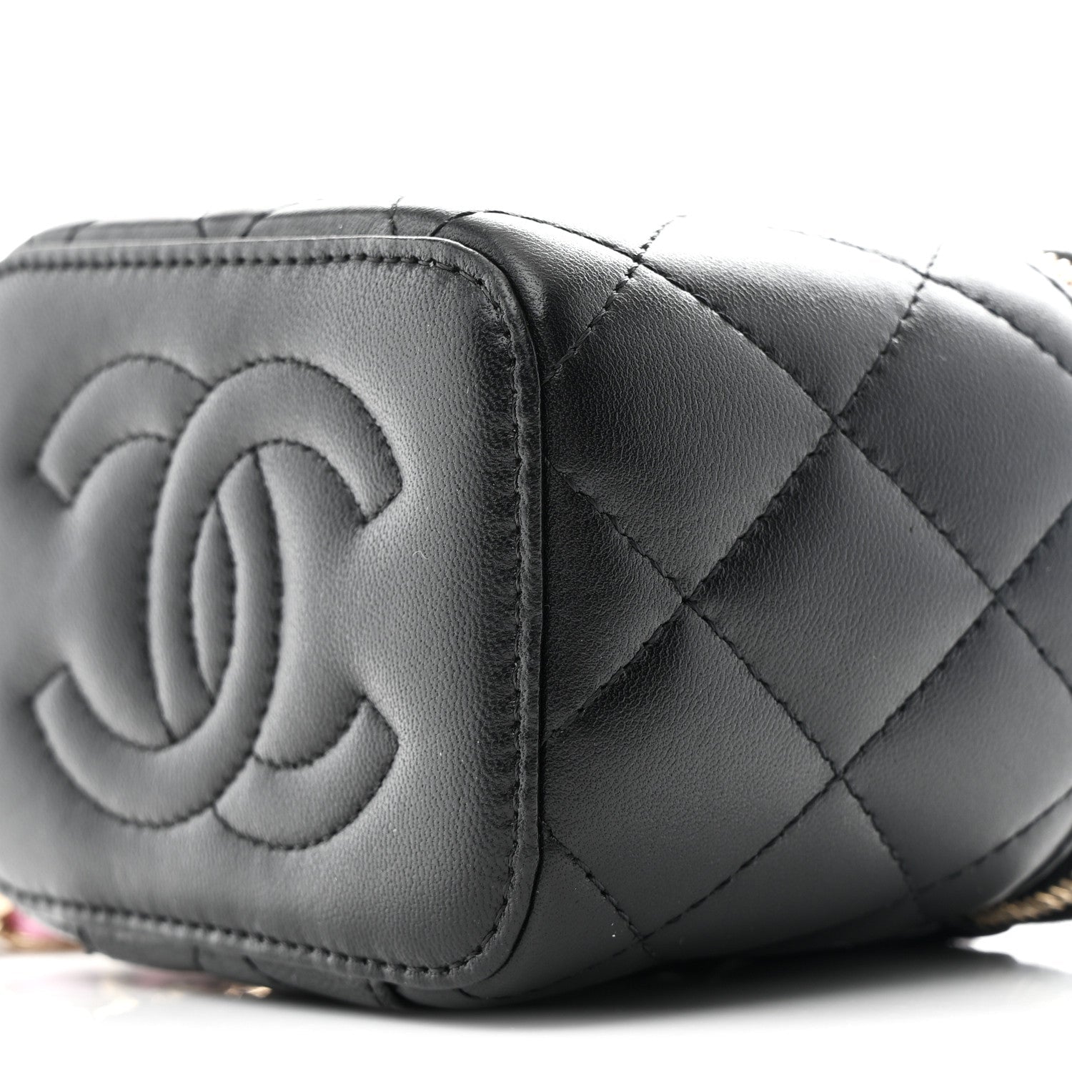 Chanel Lambskin Quilted Top Handle Mini Vanity Case With Chain Black Pink