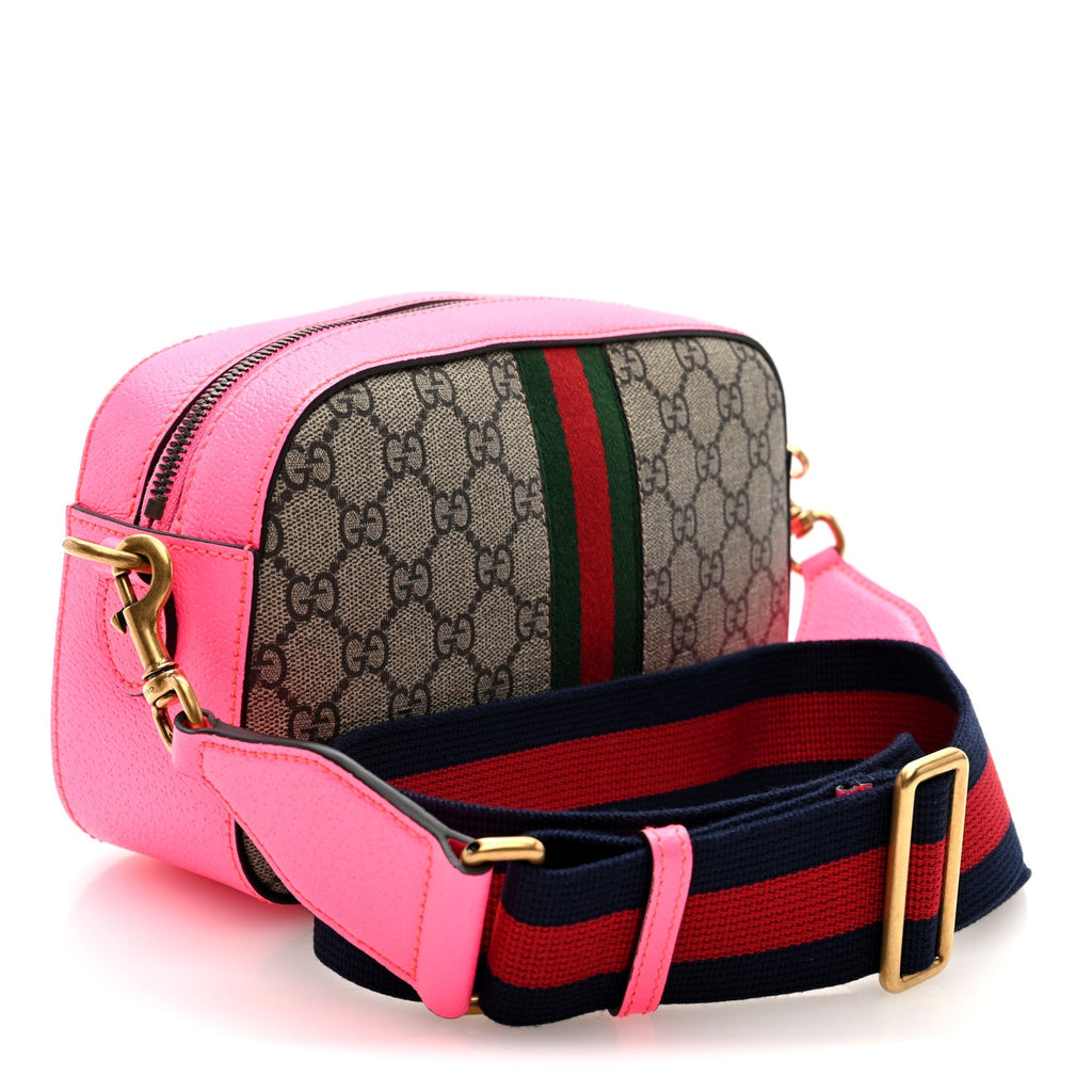 Gucci GG Supreme Monogram Textured Dollar Calfskin Web Ophidia Small Crossbody Bag Beige Ebony Fuchsia