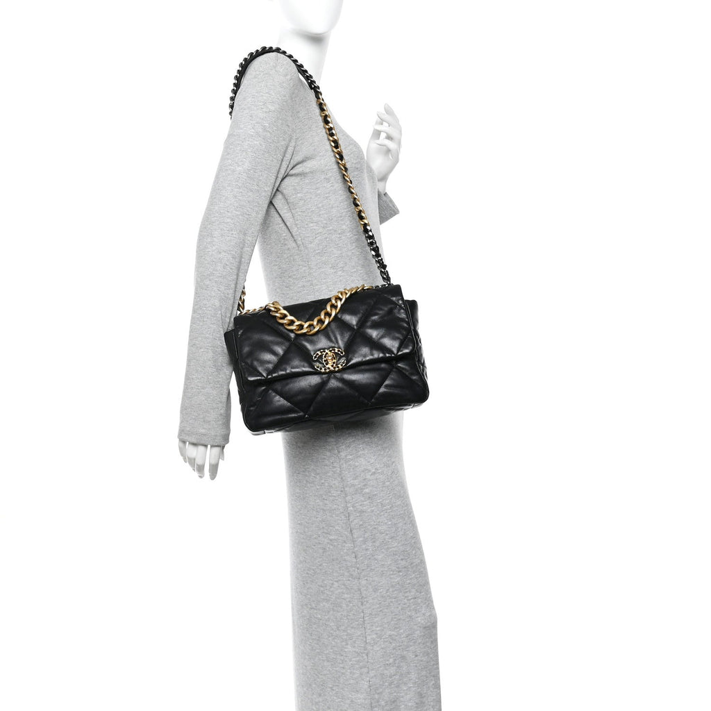 Chanel Shiny Goatskin Quilted Large Chanel 19 Flap Black