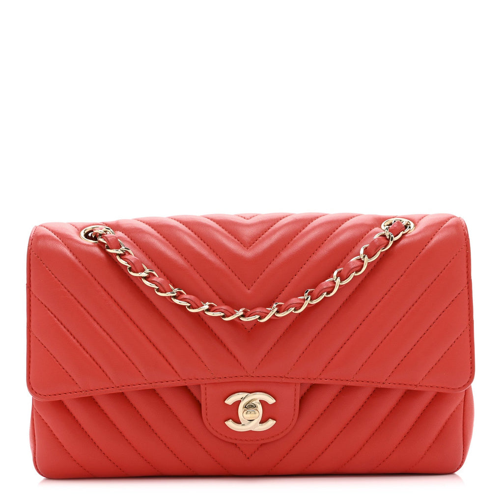 Chanel Lambskin Chevron Quilted Medium Double Flap Red