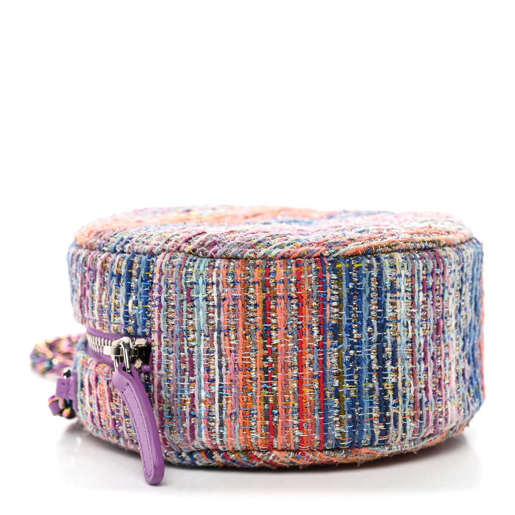 Chanel Tweed Quilted Round Clutch With Chain Blue Pink Orange
