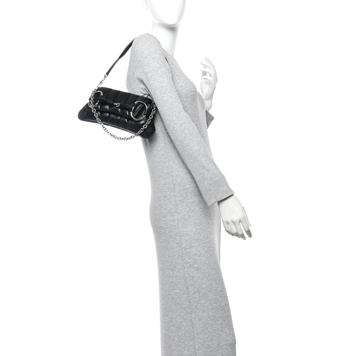 Gucci Nappa Vertical Matelasse Small Maxi Horsebit Chain Shoulder Bag Black