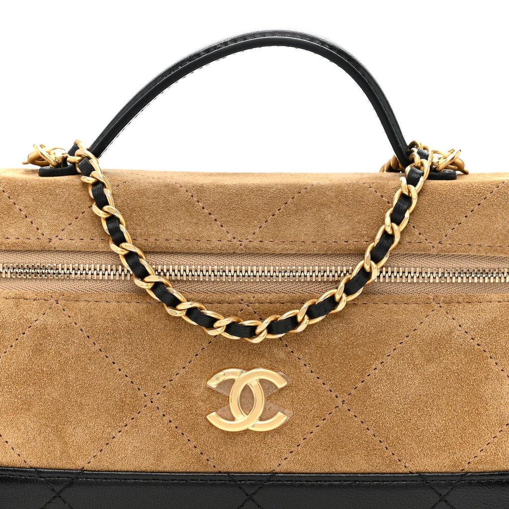 Chanel Suede Calfskin Shiny Lambskin Quilted Top Handle Slim Vanity Case With Chain Beige Black
