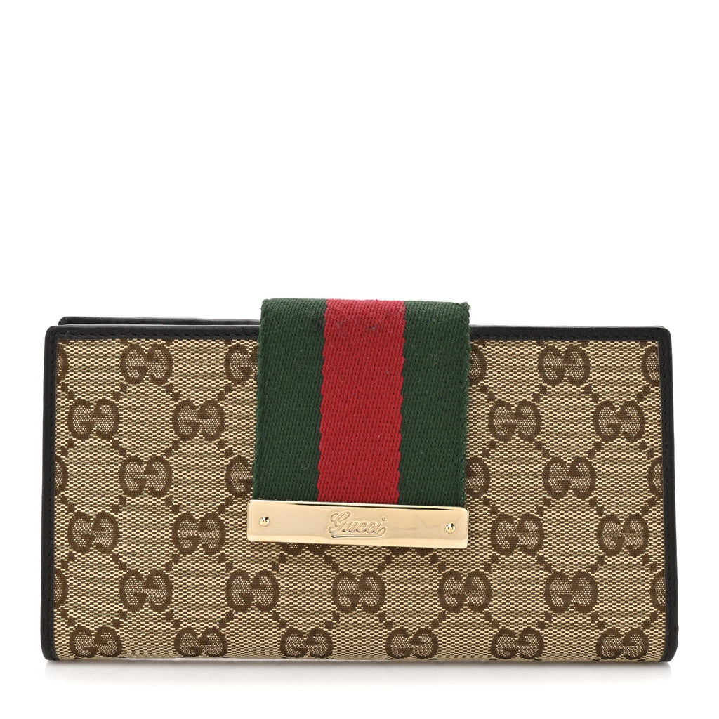 Gucci Monogram Calfskin Ladies Web Continental Wallet Beige Ebony Cocoa