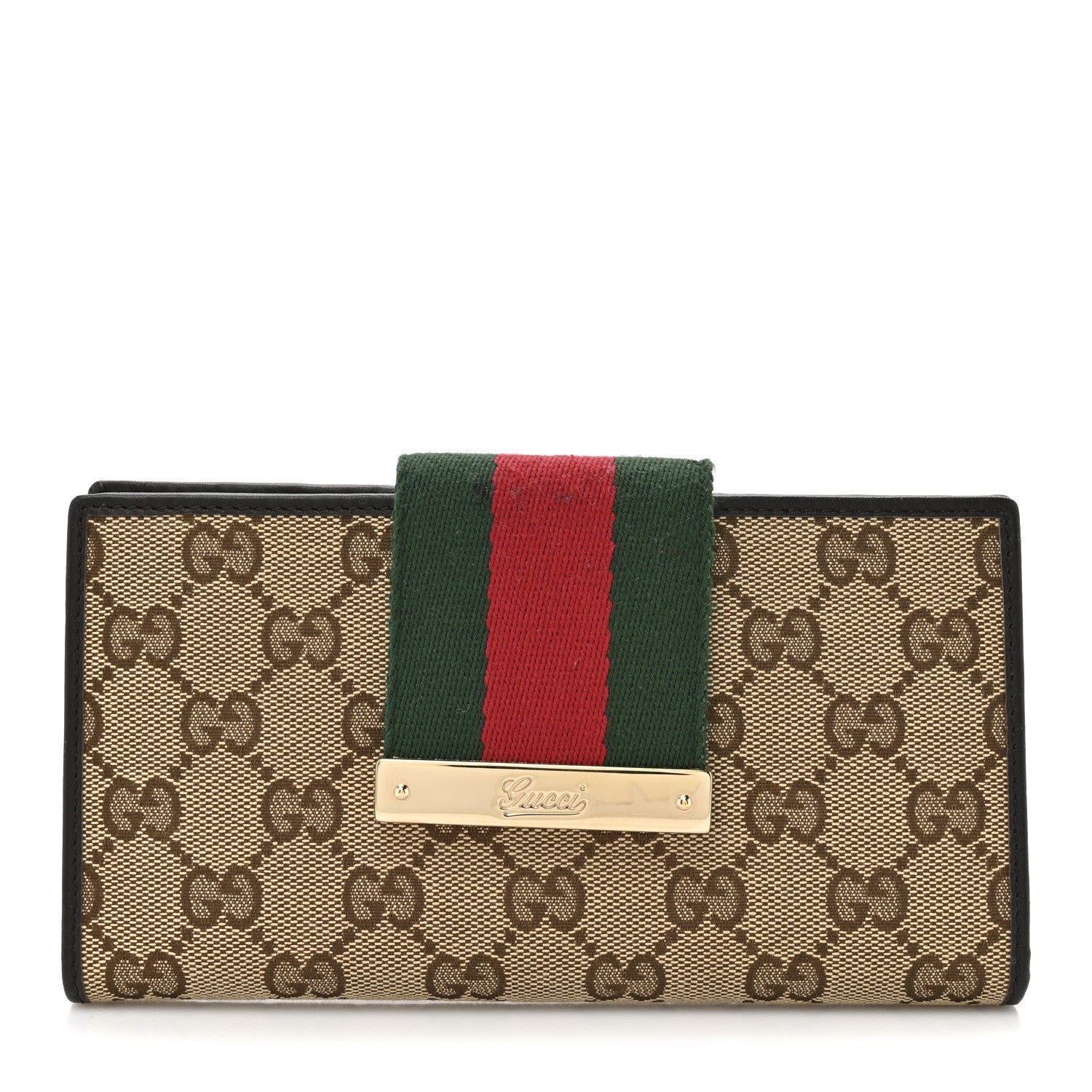 Gucci Monogram Calfskin Ladies Web Continental Wallet Beige Ebony Cocoa