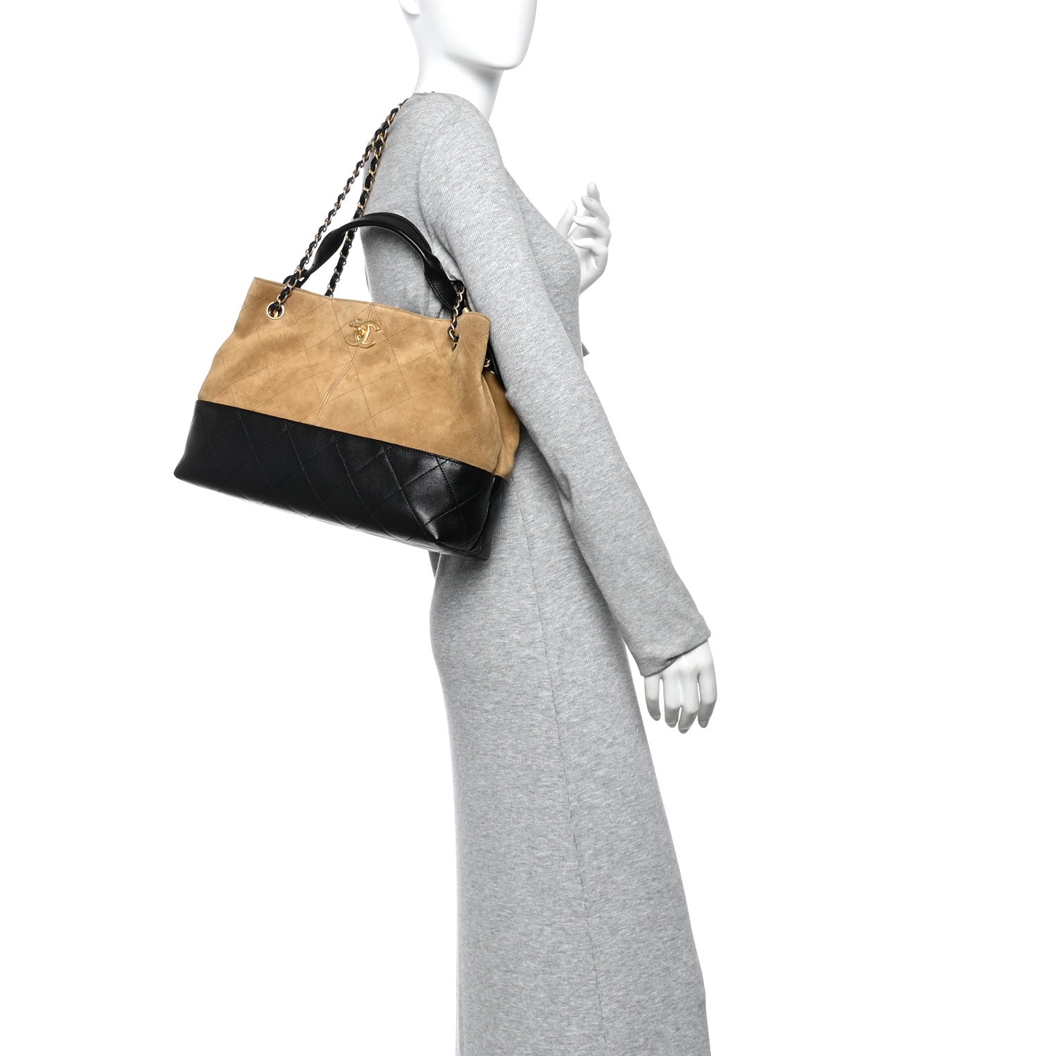 Chanel Suede Calfskin Shiny Lambskin Quilted Small Coco Base Shopping Bag Beige Black