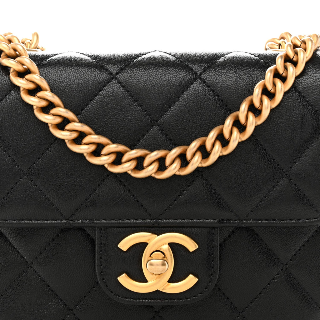 Chanel Shiny Goatskin Quilted Mini Chain Strap Flap Black