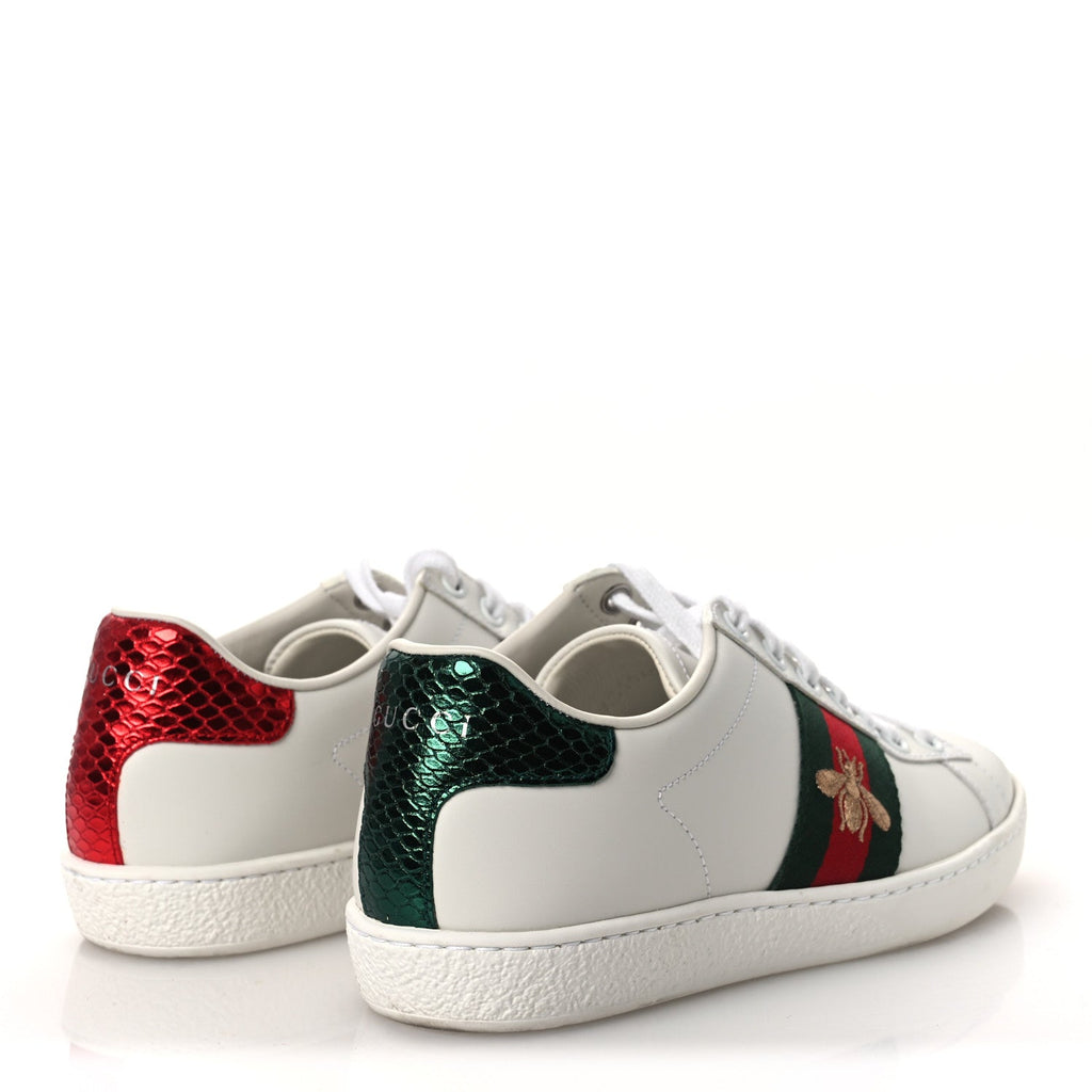 Gucci Calfskin Ayers Bee Embroidered Womens Ace Sneakers 35 White Green