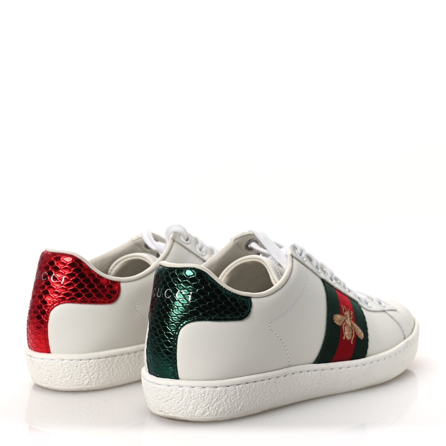 Gucci Calfskin Ayers Bee Embroidered Womens Ace Sneakers 35 White Green