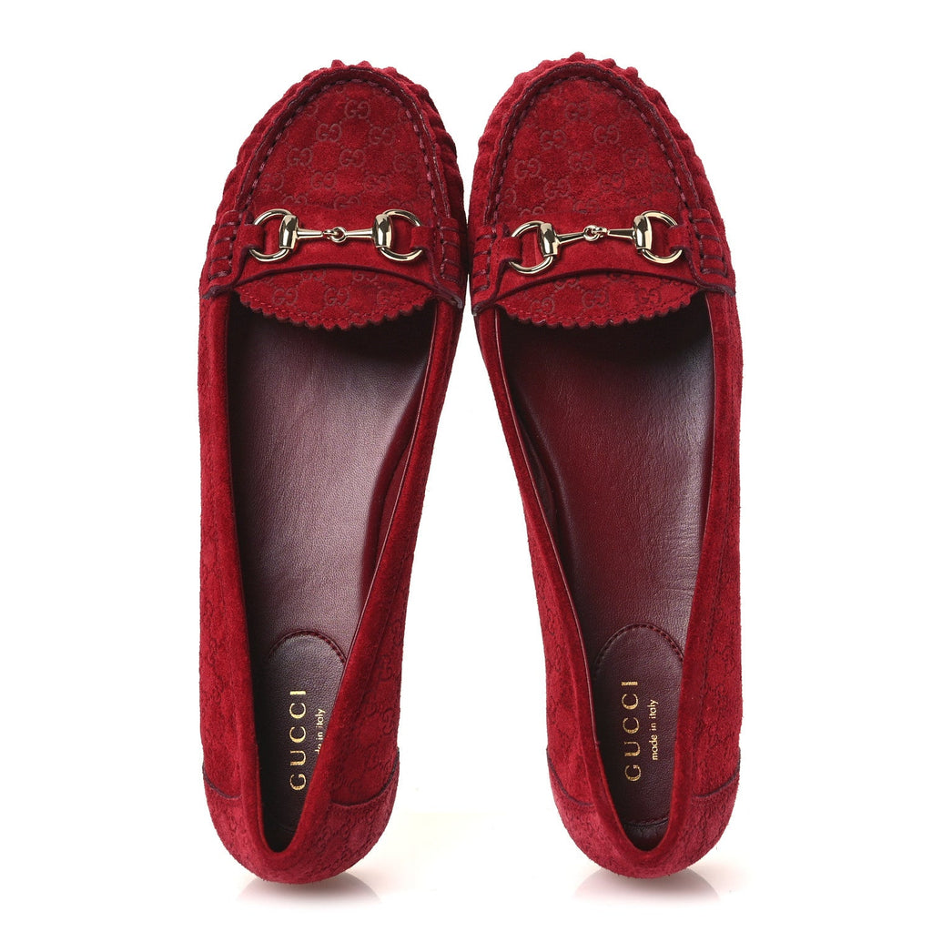 Gucci Suede Micro GG Horsebit Womens Kensington Moccasin Loafers 37  Rosso Ancora