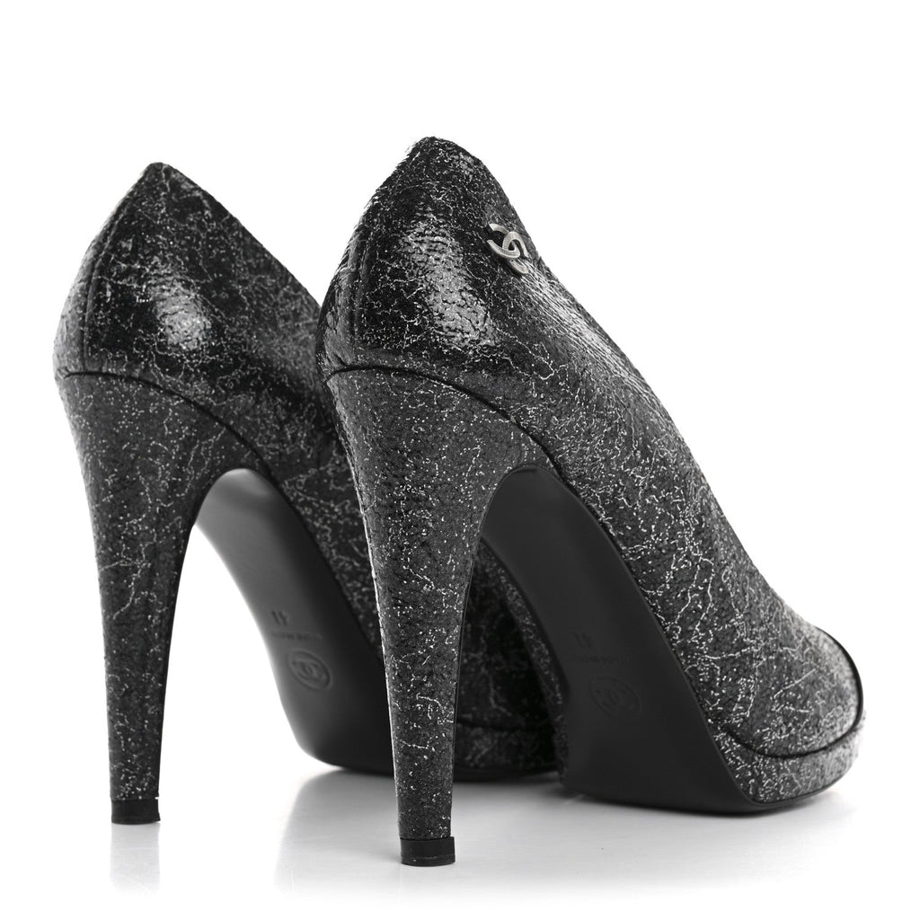 Metallic Crackled Calfskin Patent Cap Toe Pumps 41 Silver Black
