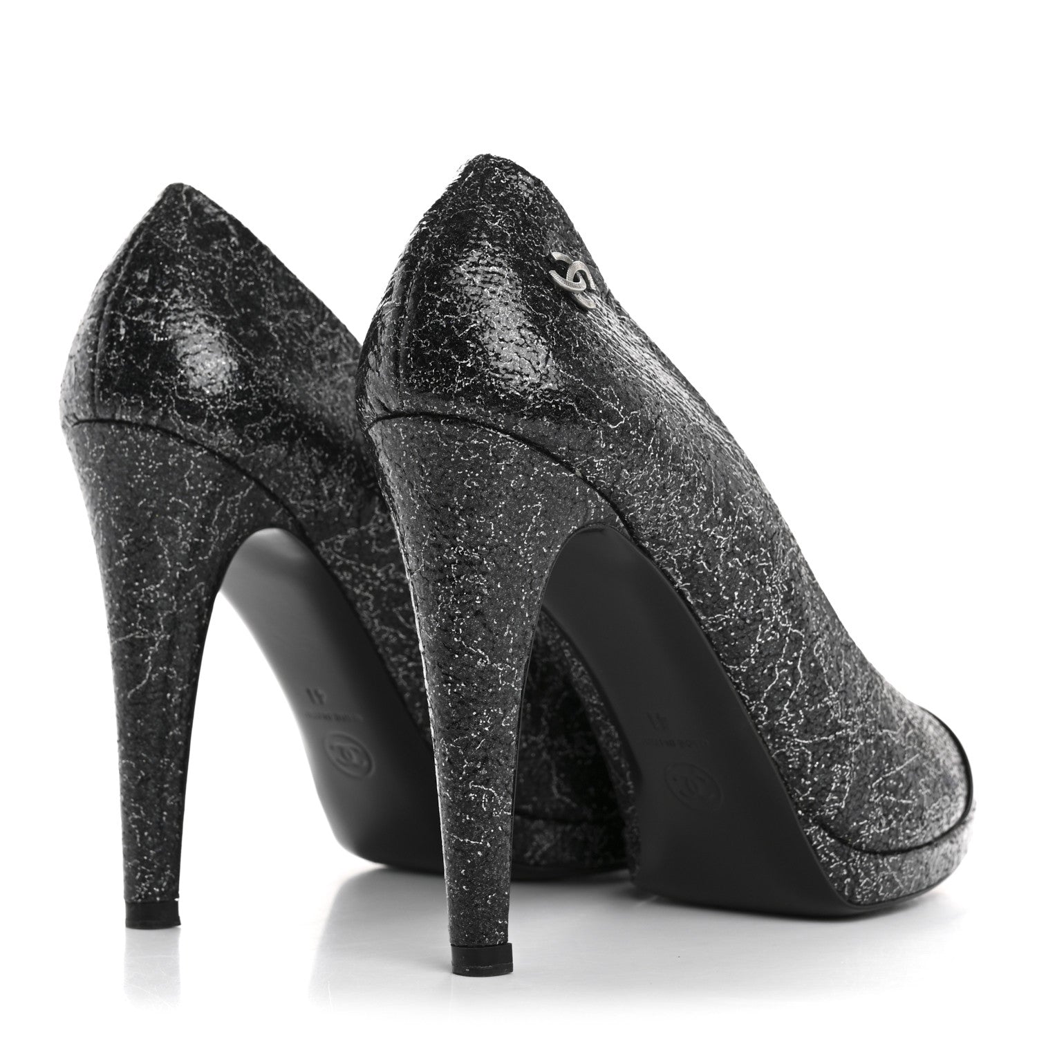 Metallic Crackled Calfskin Patent Cap Toe Pumps 41 Silver Black